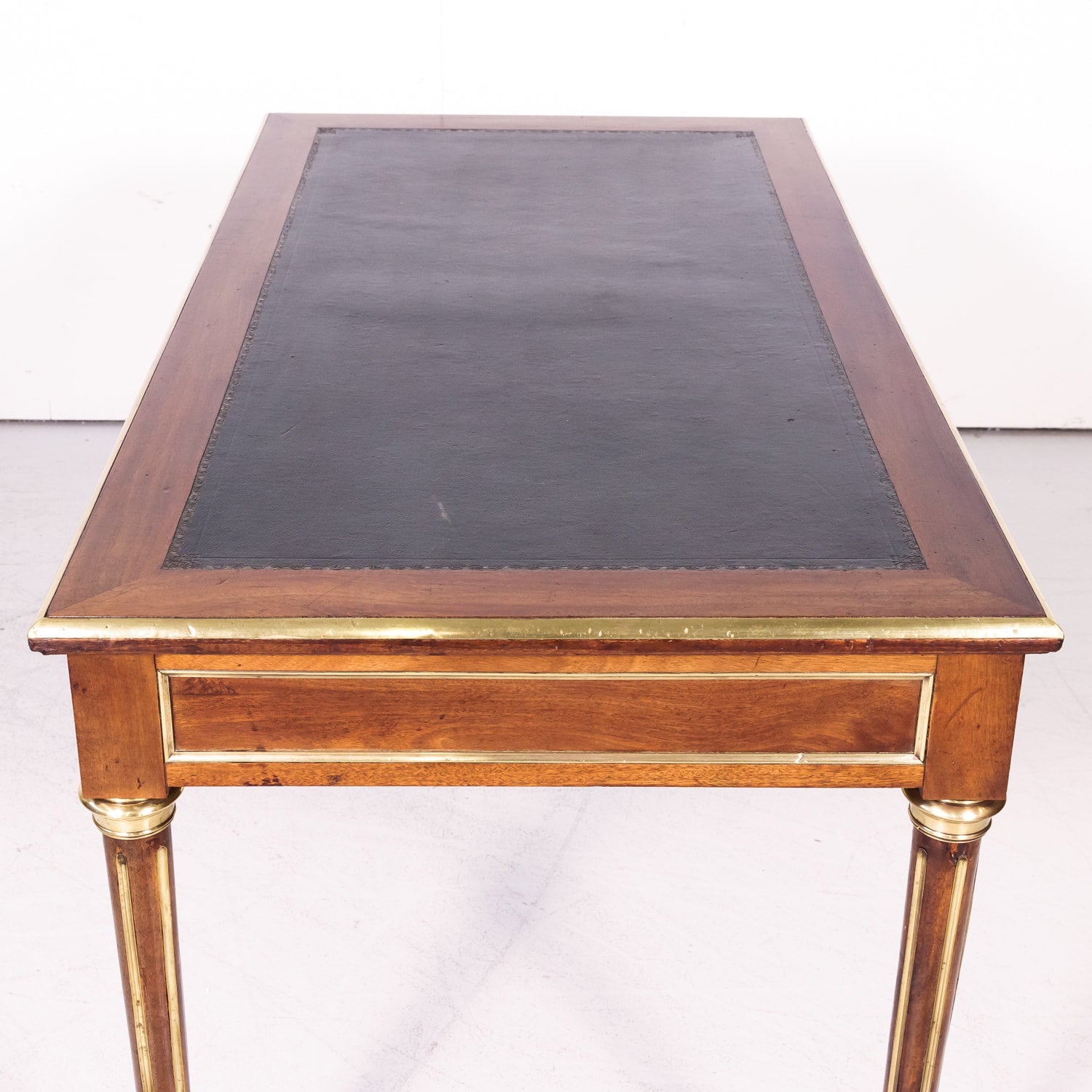19th Century French Louis XVI Style Mahogany Bureau Plat or Desk with Tooled Leather Top and Brass Trim