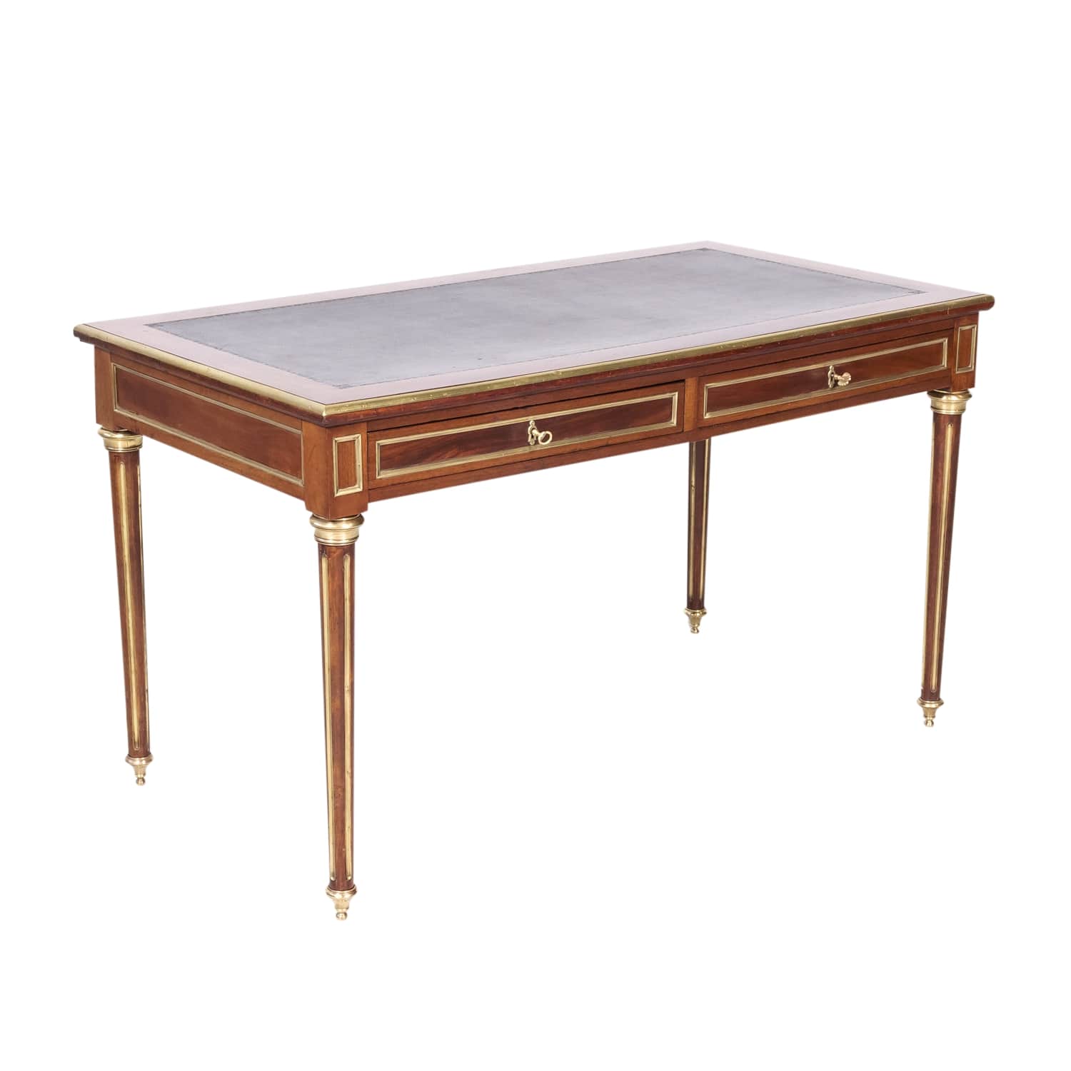 19th Century French Louis XVI Style Mahogany Bureau Plat or Desk with Tooled Leather Top and Brass Trim