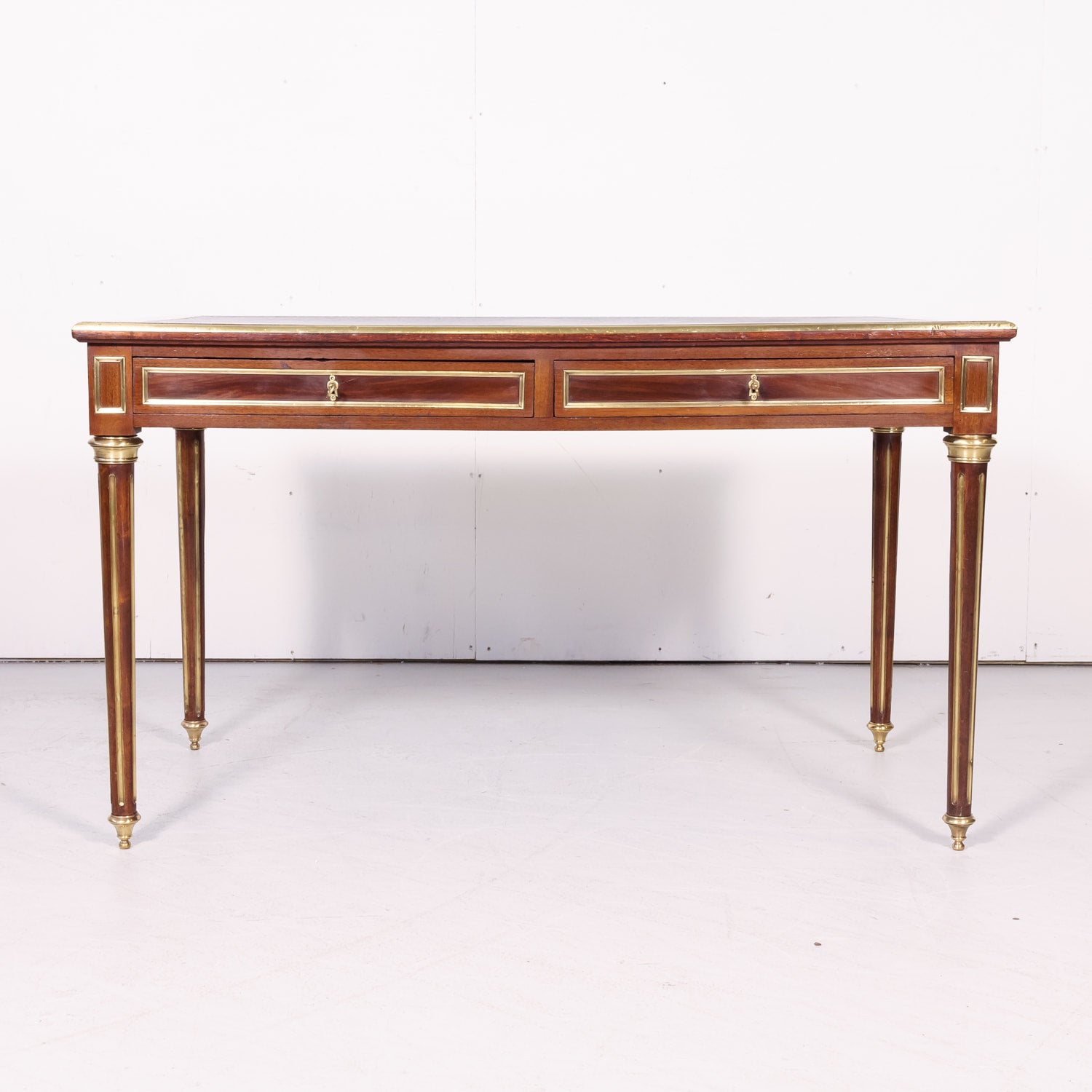 19th Century French Louis XVI Style Mahogany Bureau Plat or Desk with Tooled Leather Top and Brass Trim