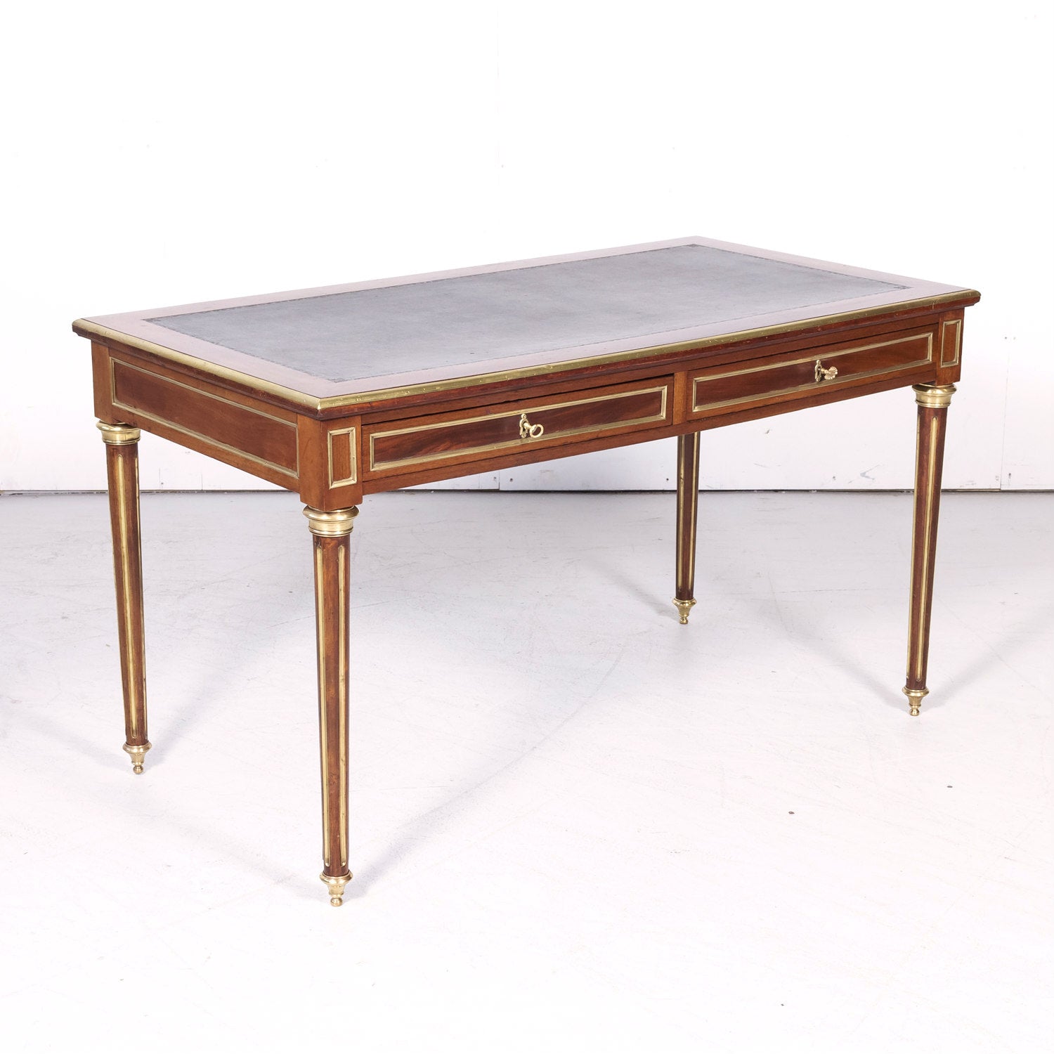 19th Century French Louis XVI Style Mahogany Bureau Plat or Desk with Tooled Leather Top and Brass Trim