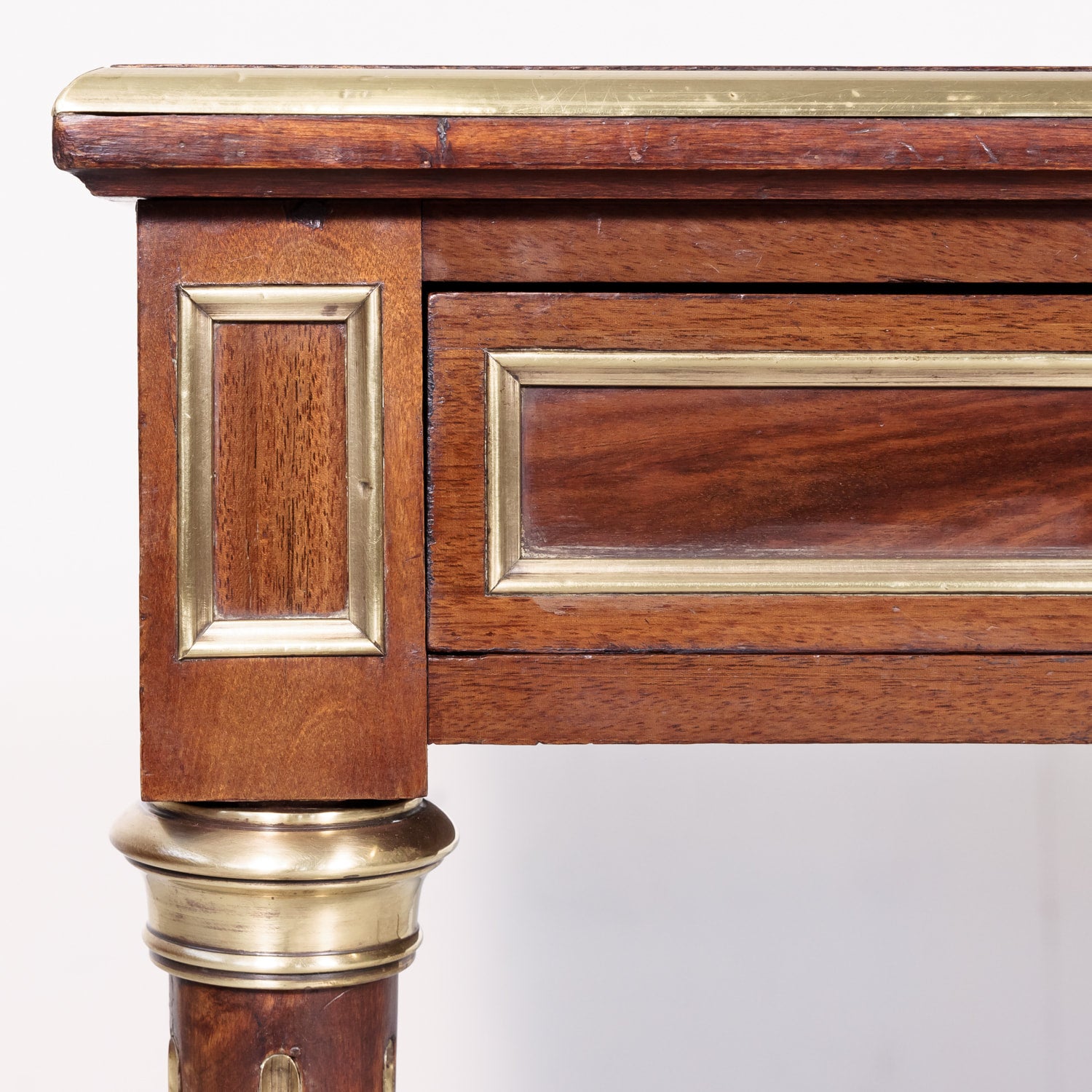 19th Century French Louis XVI Style Mahogany Bureau Plat or Desk with Tooled Leather Top and Brass Trim