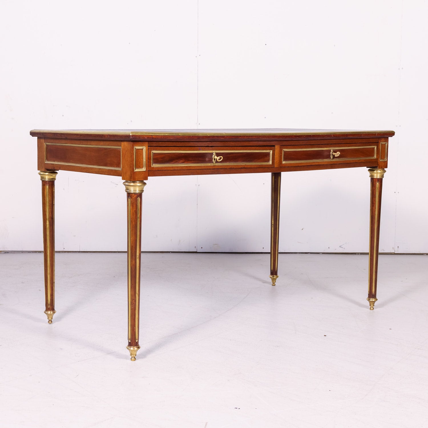 19th Century French Louis XVI Style Mahogany Bureau Plat or Desk with Tooled Leather Top and Brass Trim