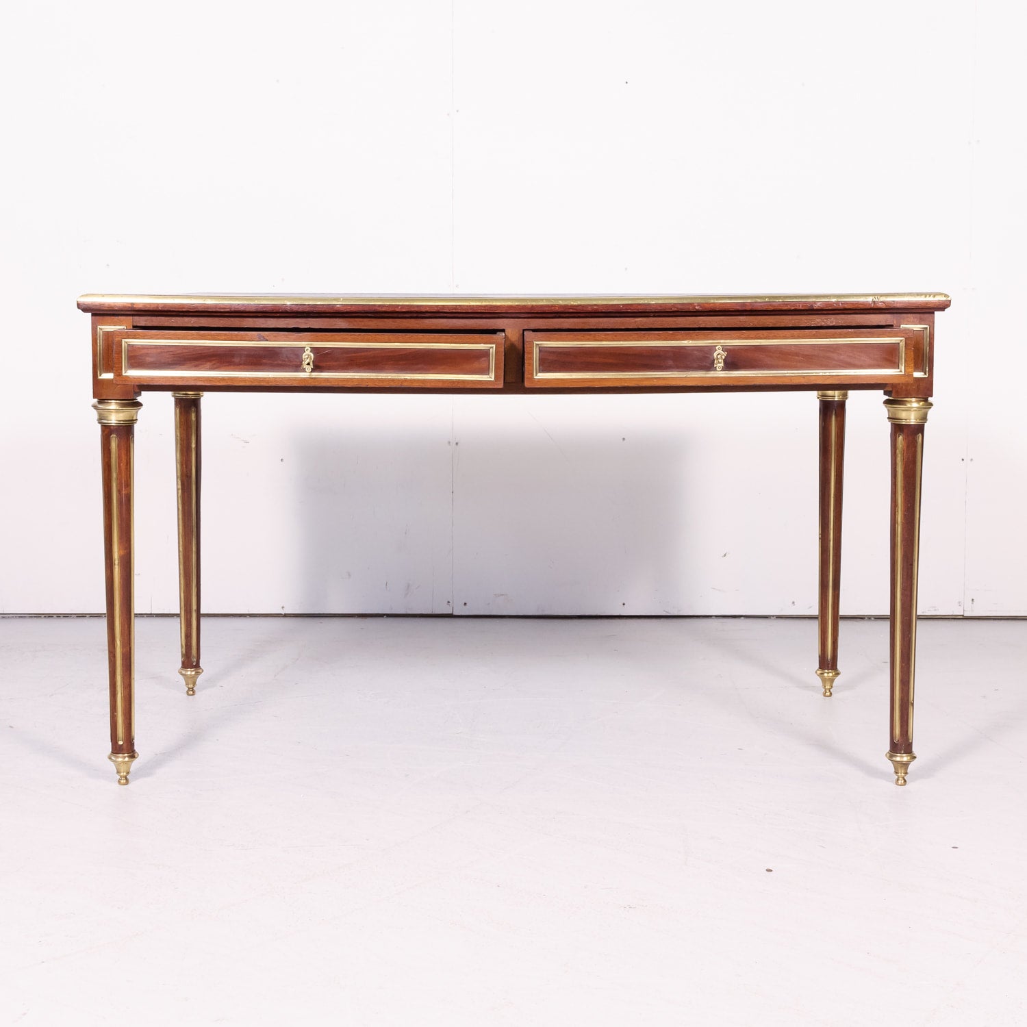 19th Century French Louis XVI Style Mahogany Bureau Plat or Desk with Tooled Leather Top and Brass Trim