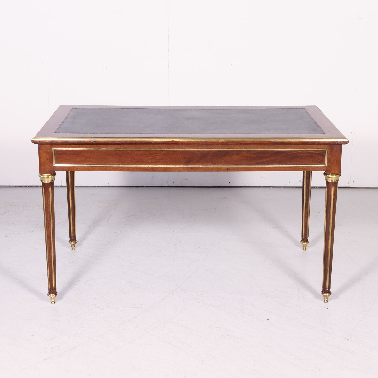 19th Century French Louis XVI Style Mahogany Bureau Plat or Desk with Tooled Leather Top and Brass Trim