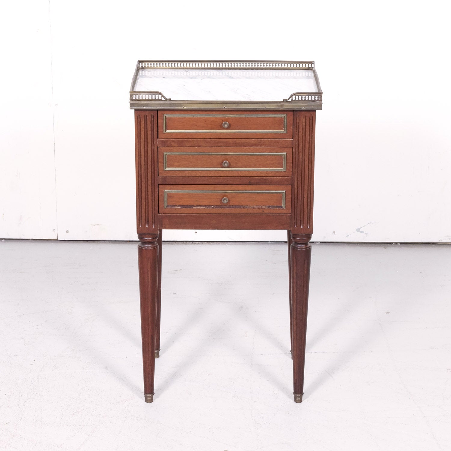 Antique French Louis XVI Style Mahogany Chevet or Nightstand with Carrara Marble Top