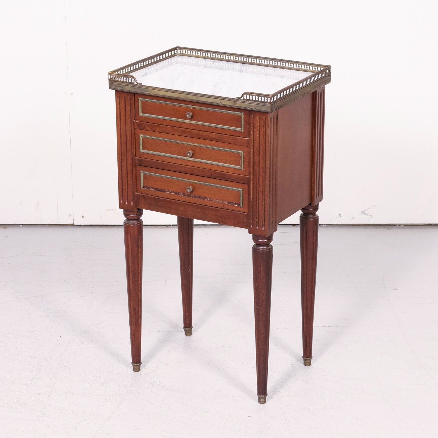 Antique French Louis XVI Style Mahogany Chevet or Nightstand with Carrara Marble Top
