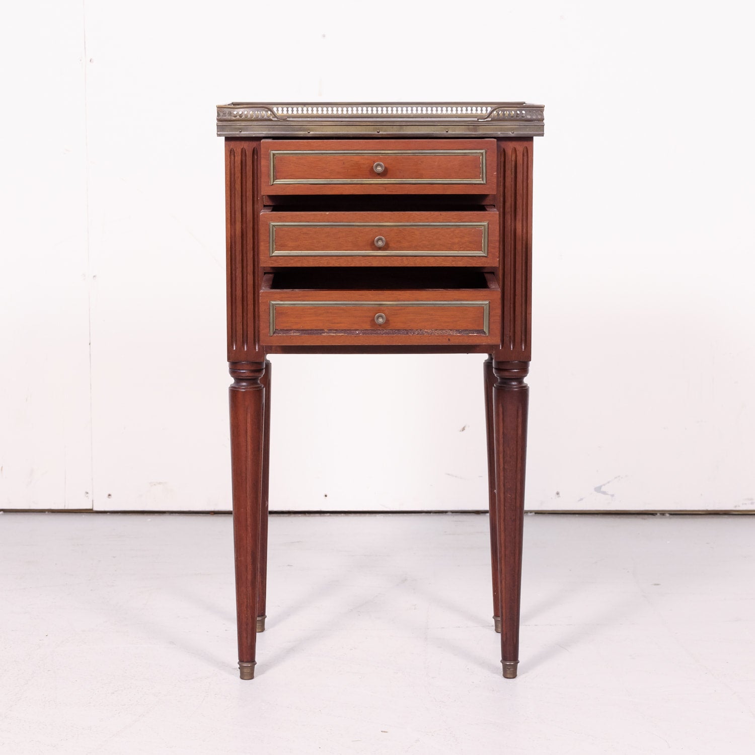 Antique French Louis XVI Style Mahogany Chevet or Nightstand with Carrara Marble Top