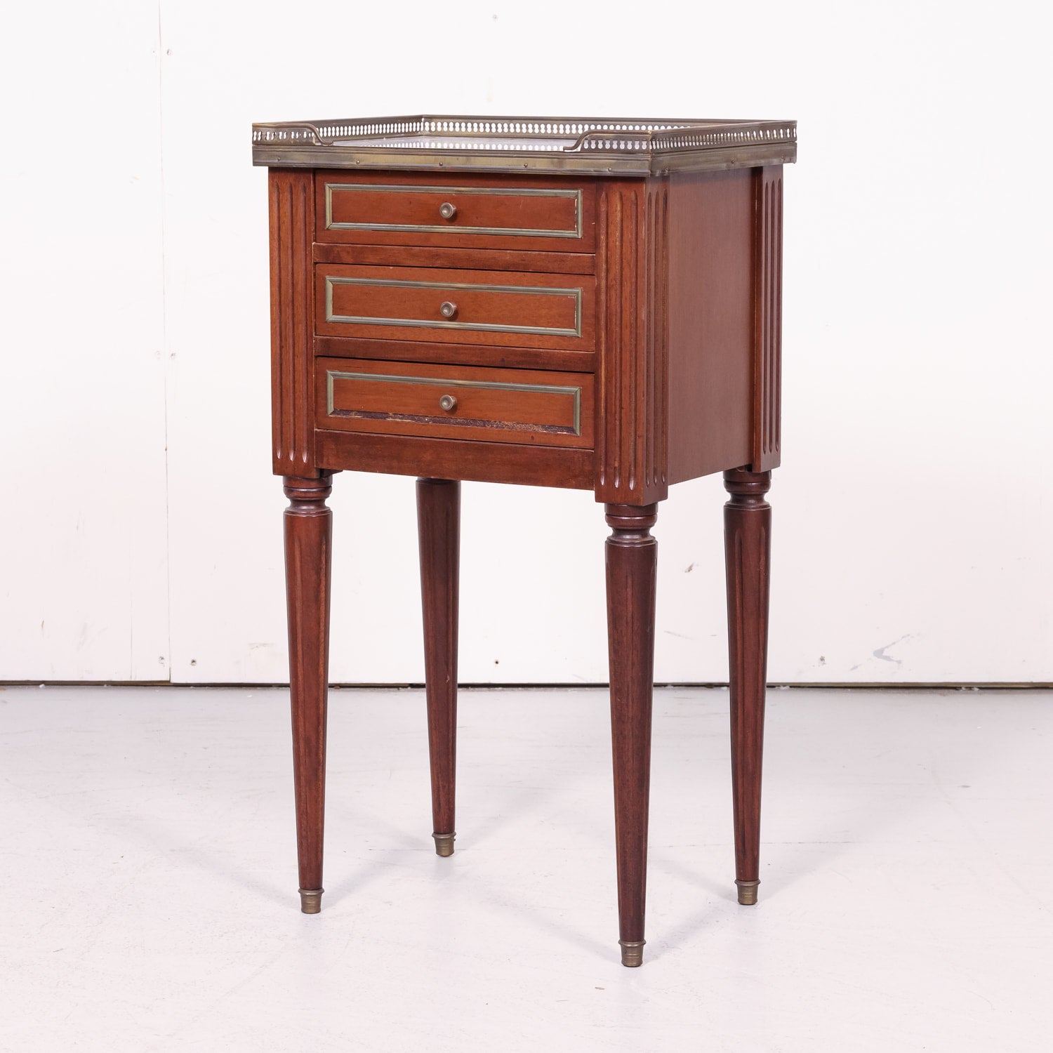 Antique French Louis XVI Style Mahogany Chevet or Nightstand with Carrara Marble Top