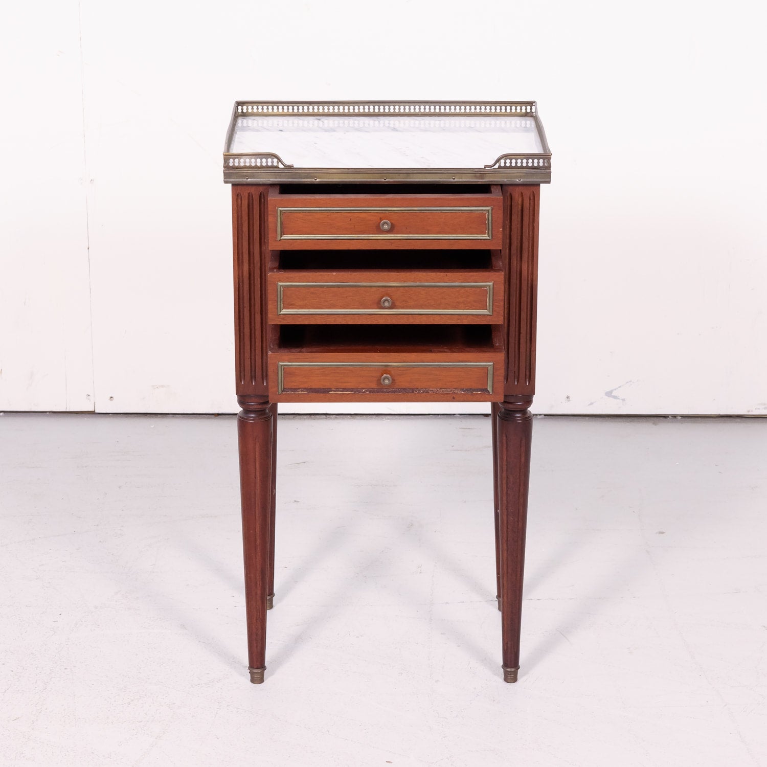 Antique French Louis XVI Style Mahogany Chevet or Nightstand with Carrara Marble Top