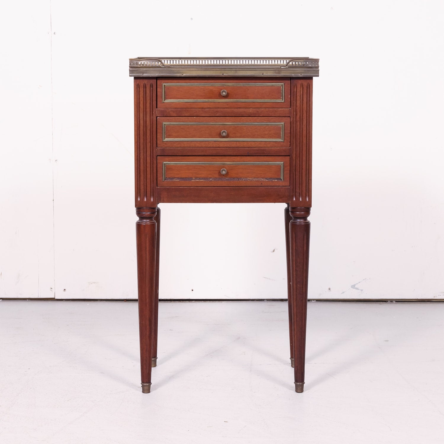 Antique French Louis XVI Style Mahogany Chevet or Nightstand with Carrara Marble Top