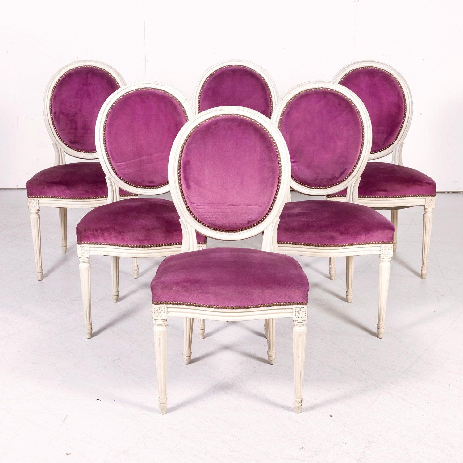 Set of Six Antique French Louis XVI Style Painted Side Chairs with Medallion Backs