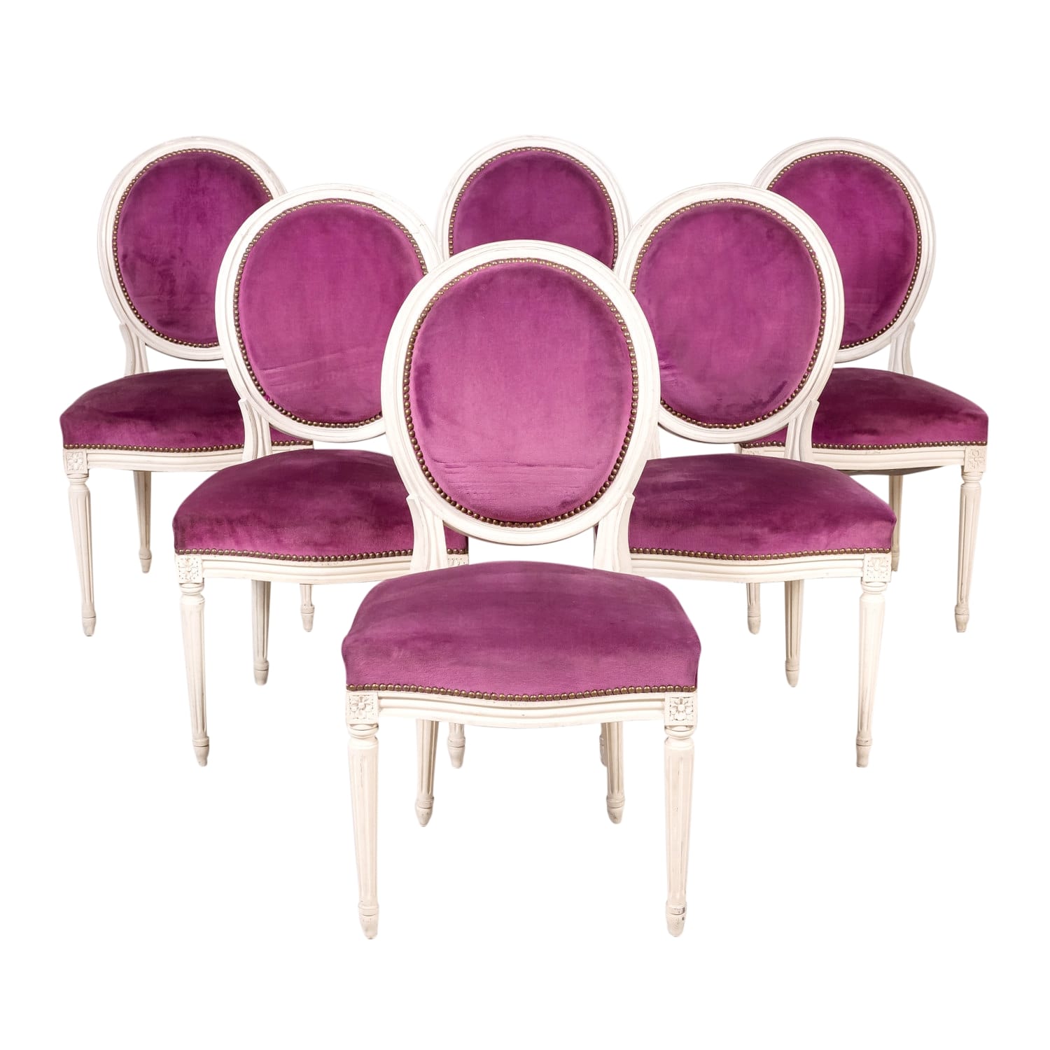 Set of Six Antique French Louis XVI Style Painted Side Chairs with Medallion Backs