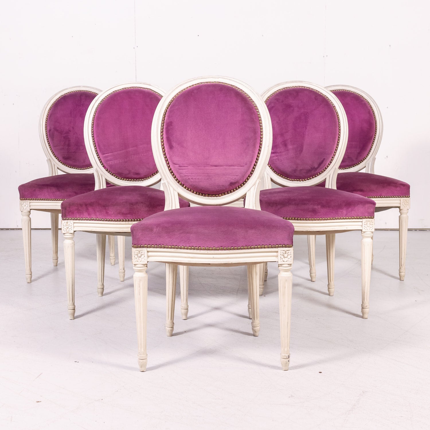 Set of Six Antique French Louis XVI Style Painted Side Chairs with Medallion Backs