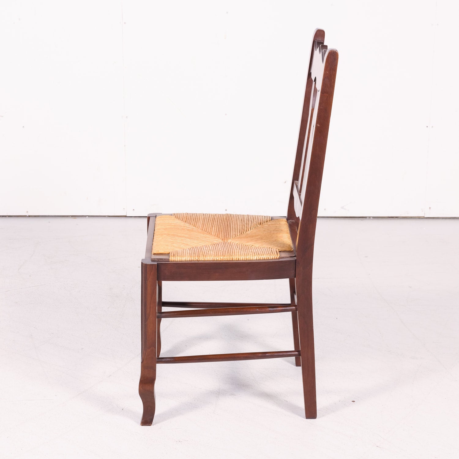 Set of 8 Antique Country French Hand Carved Oak Dining Side Chairs with Rush Seats