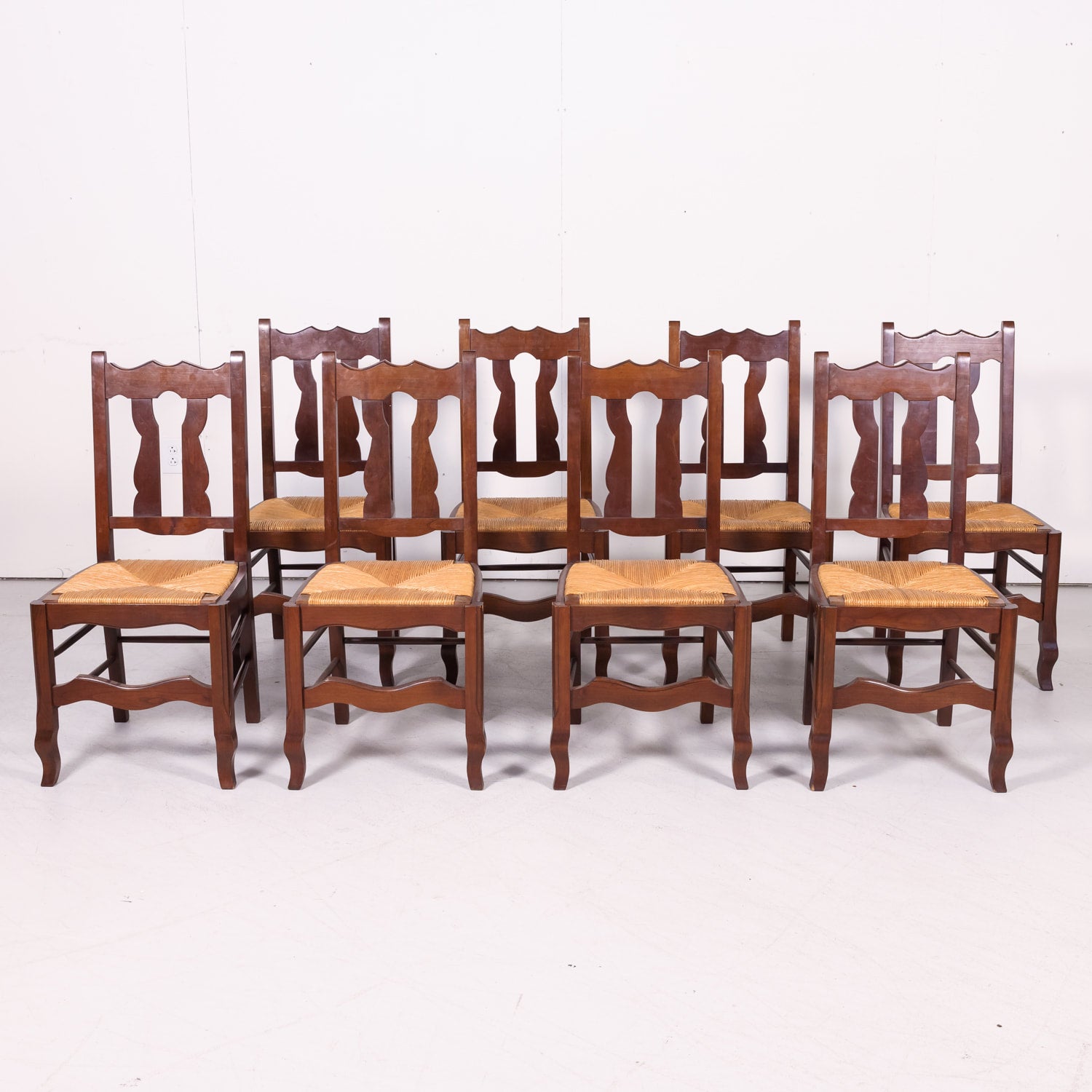 Set of 8 Antique Country French Hand Carved Oak Dining Side Chairs with Rush Seats