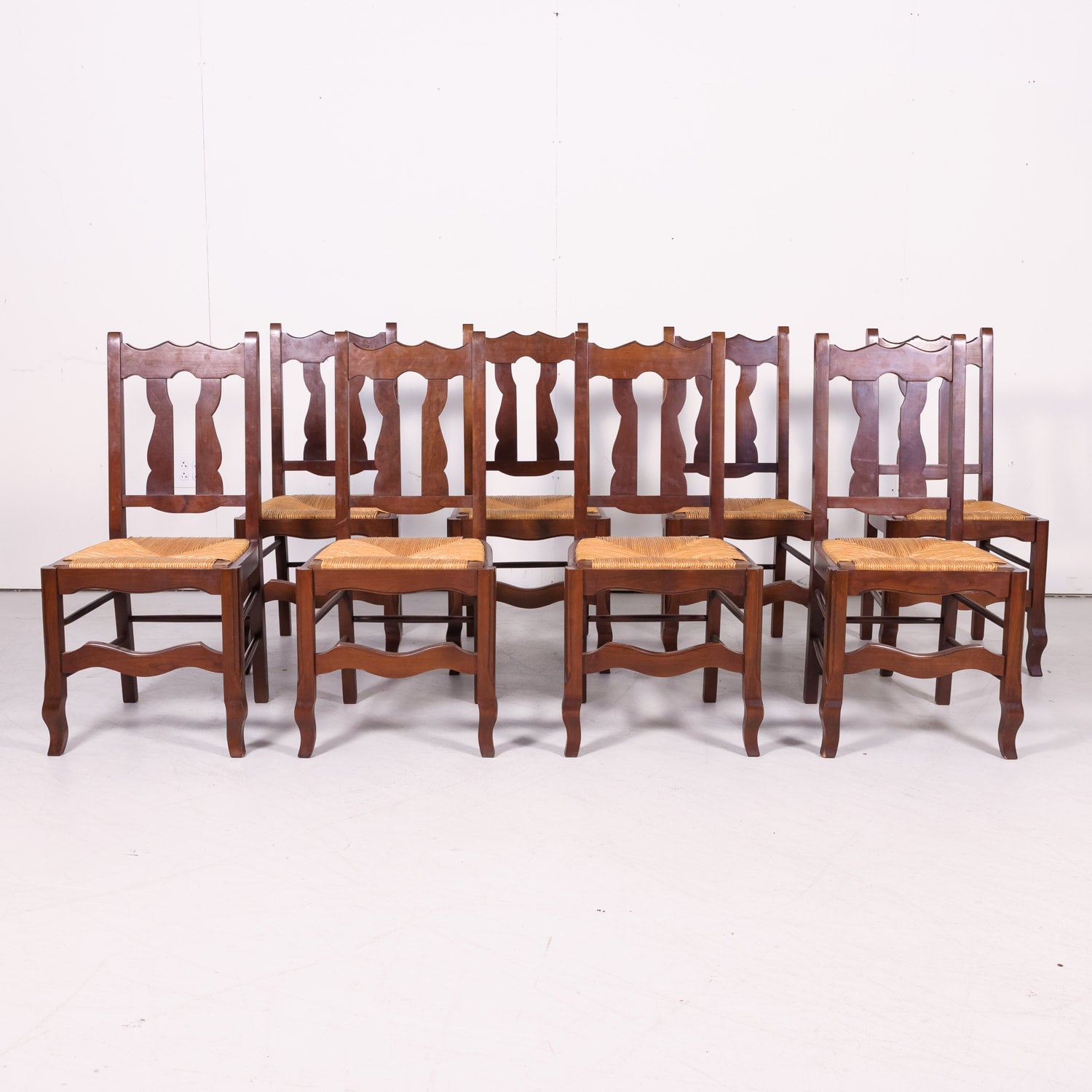 Set of 8 Antique Country French Hand Carved Oak Dining Side Chairs with Rush Seats