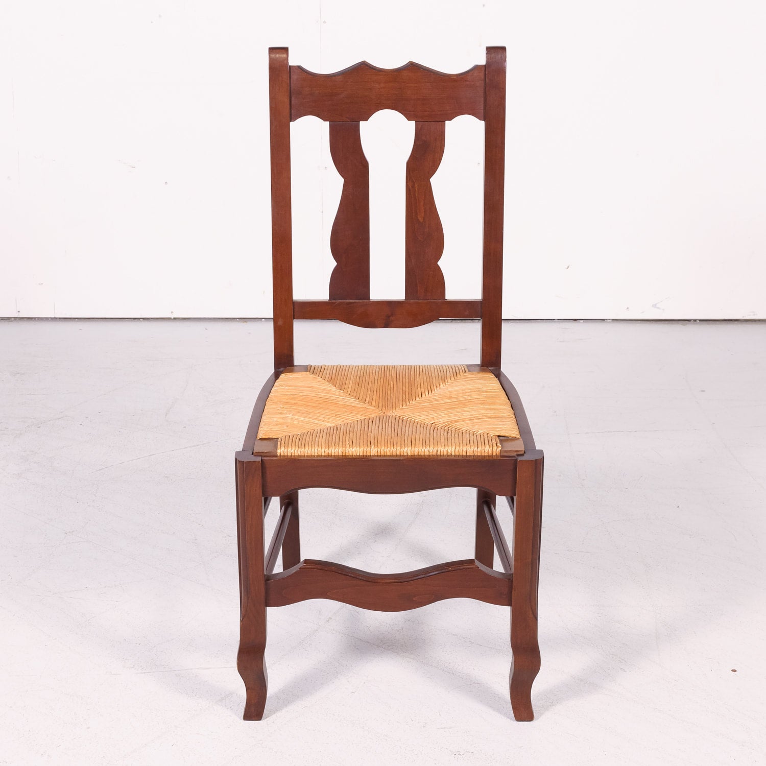 Set of 8 Antique Country French Hand Carved Oak Dining Side Chairs with Rush Seats