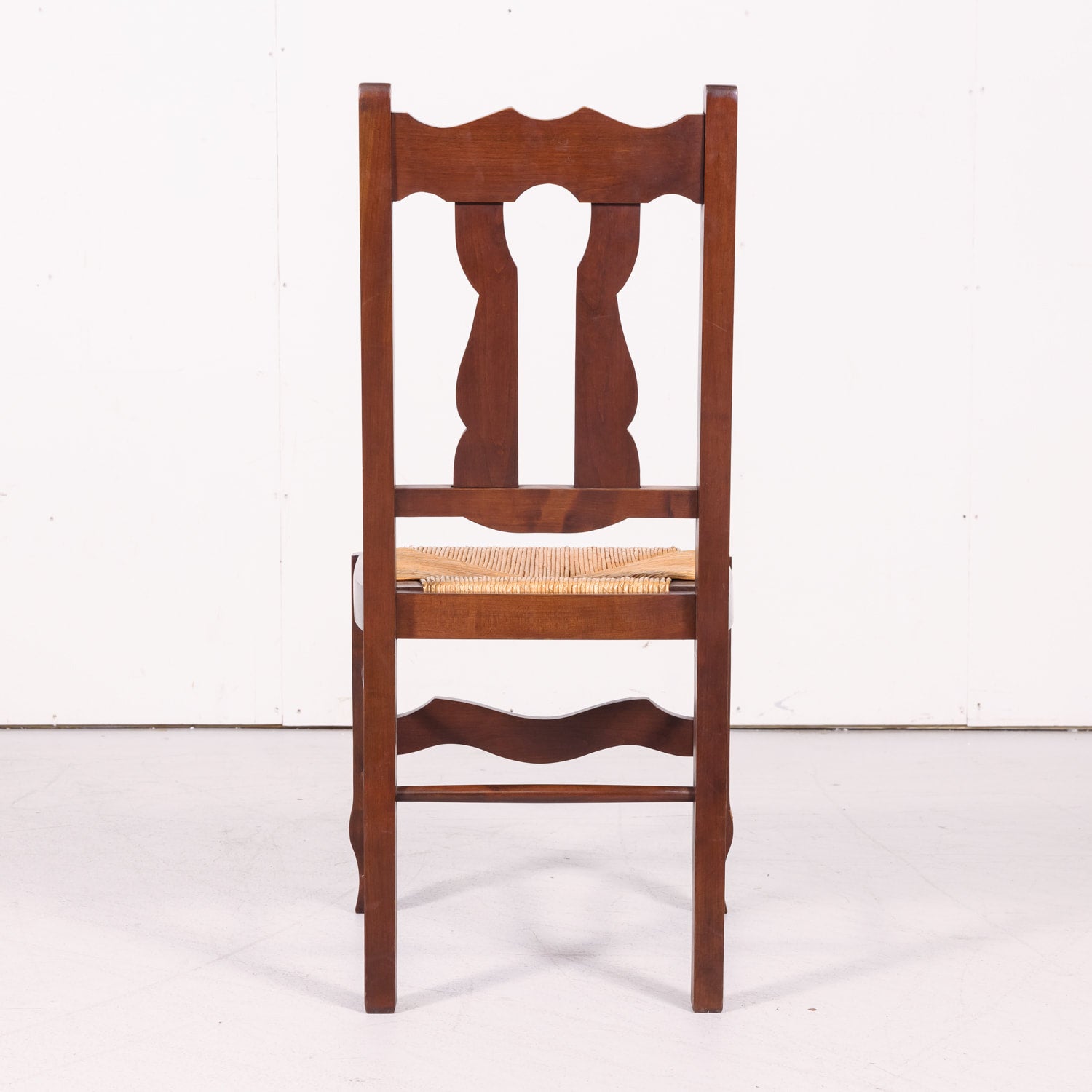 Set of 8 Antique Country French Hand Carved Oak Dining Side Chairs with Rush Seats