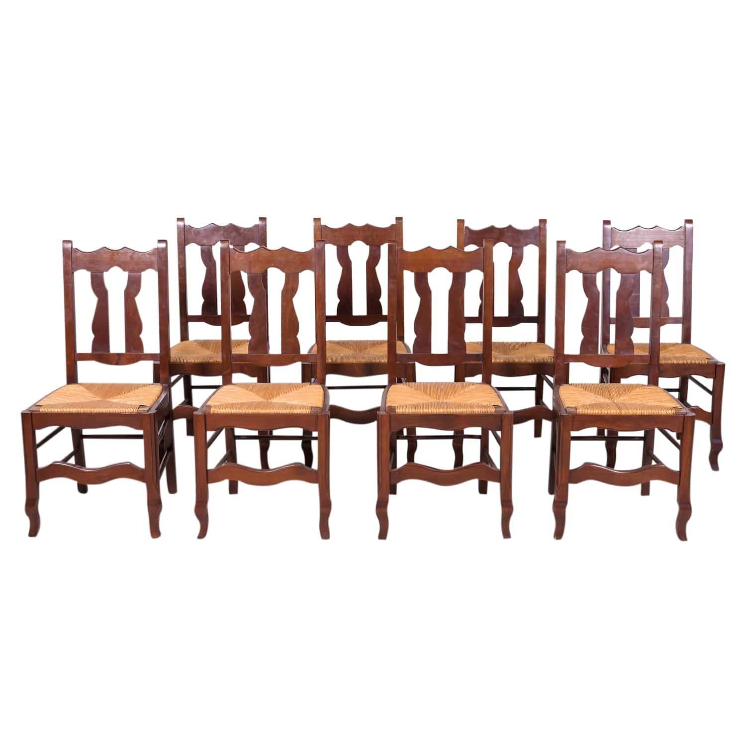 Set of 8 Antique Country French Hand Carved Oak Dining Side Chairs with Rush Seats