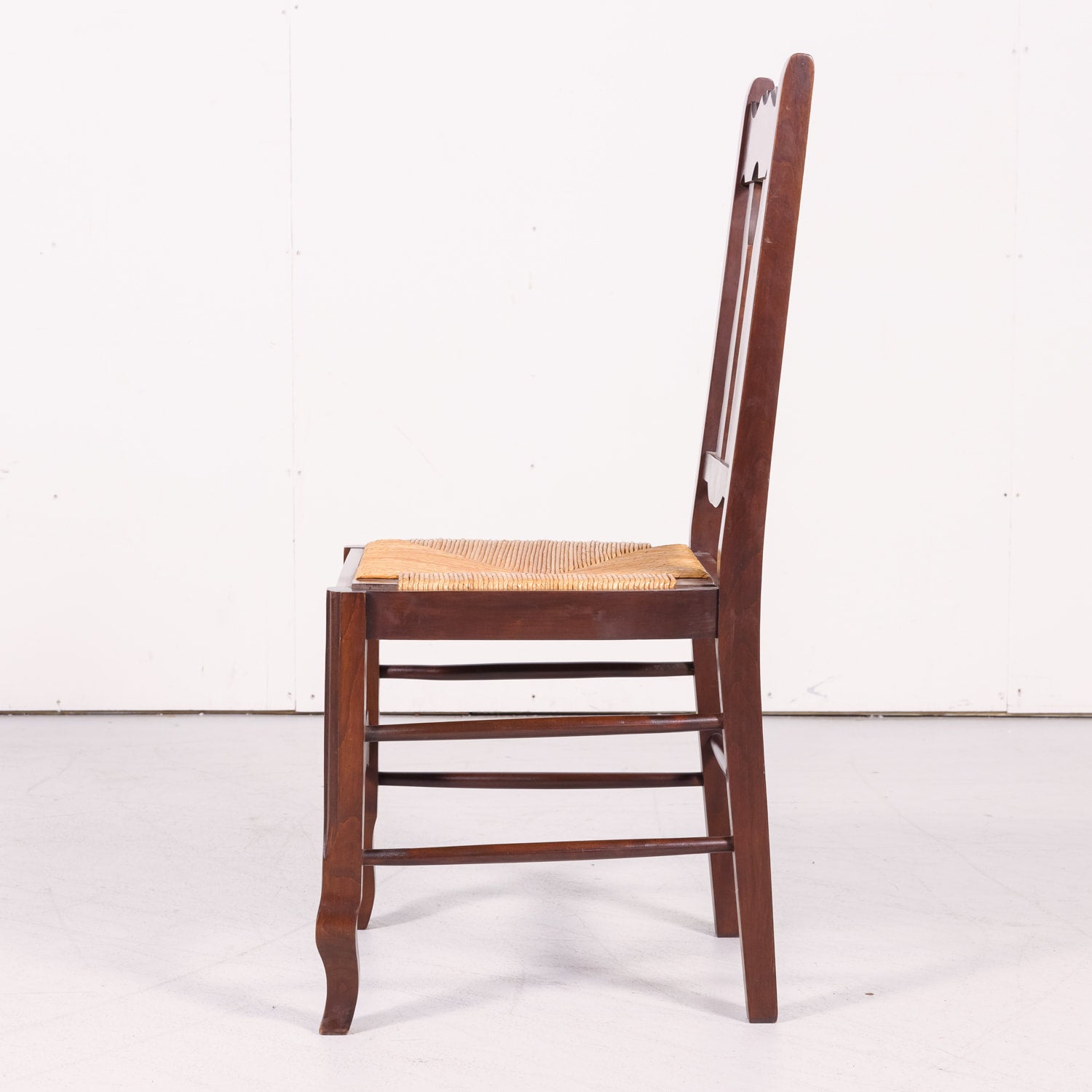 Set of 8 Antique Country French Hand Carved Oak Dining Side Chairs with Rush Seats