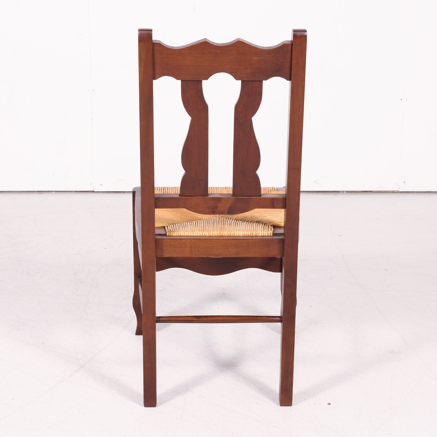 Set of 8 Antique Country French Hand Carved Oak Dining Side Chairs with Rush Seats