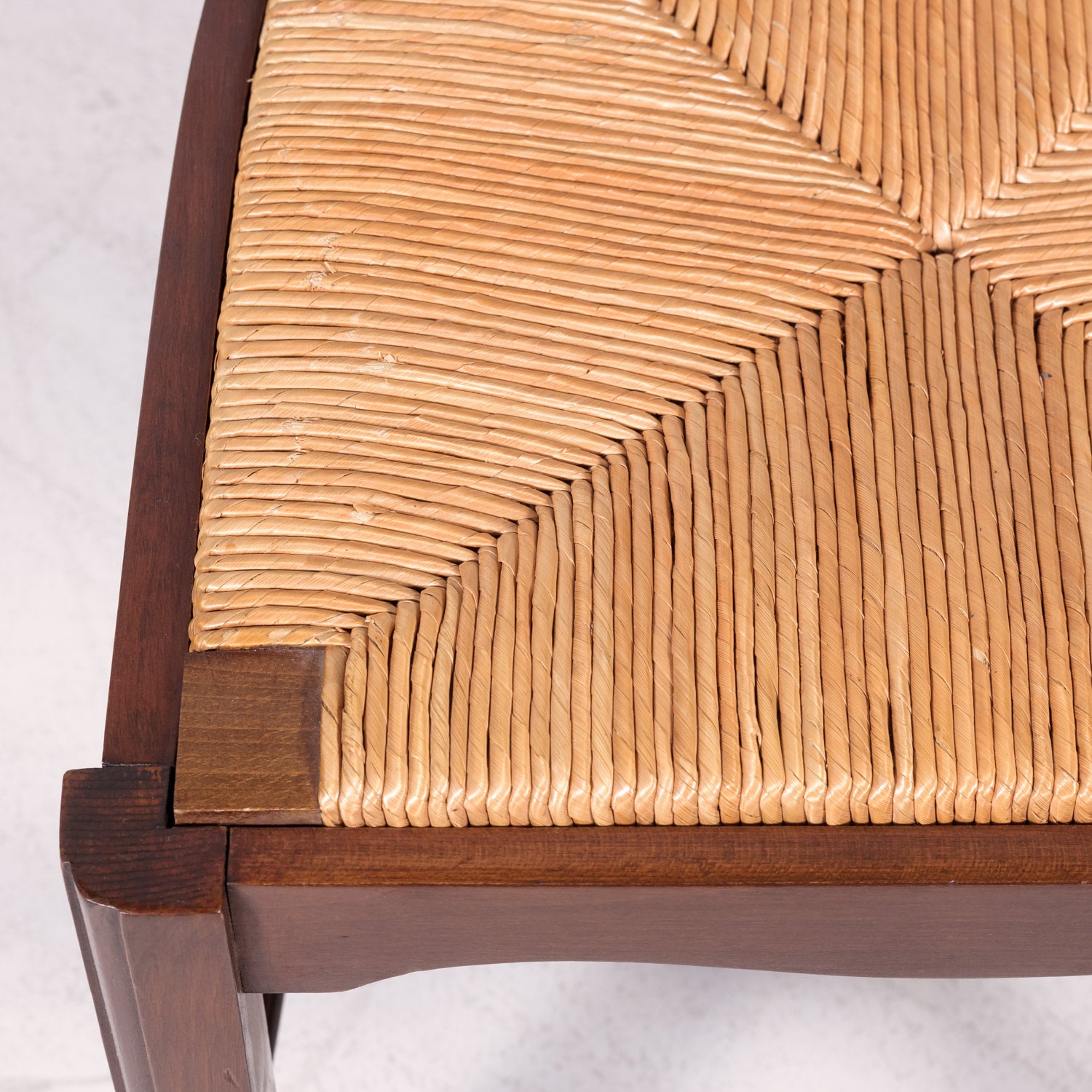 Set of 8 Antique Country French Hand Carved Oak Dining Side Chairs with Rush Seats