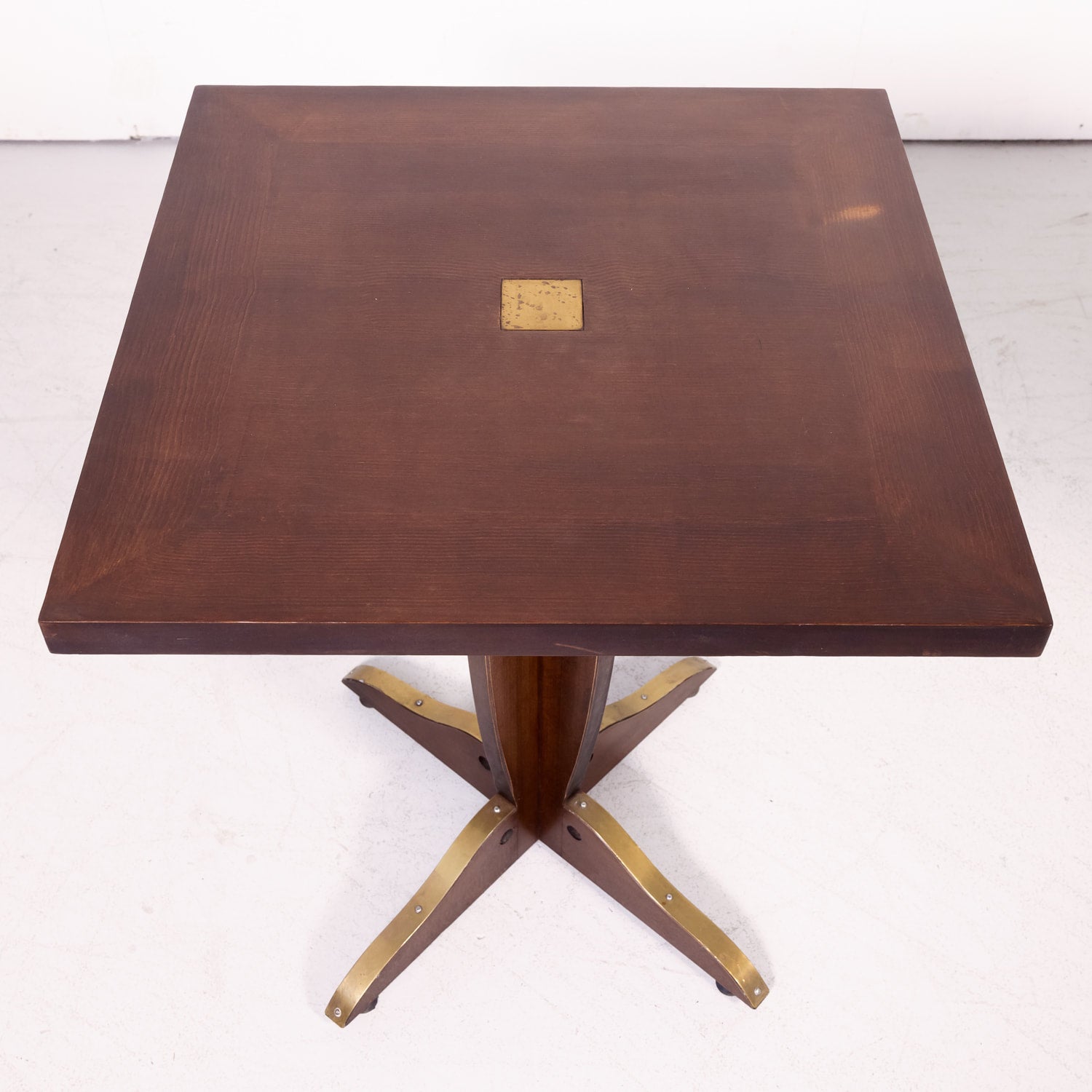 Pair of Solid Walnut and Brass French Art Deco Period Square Bistro Tables