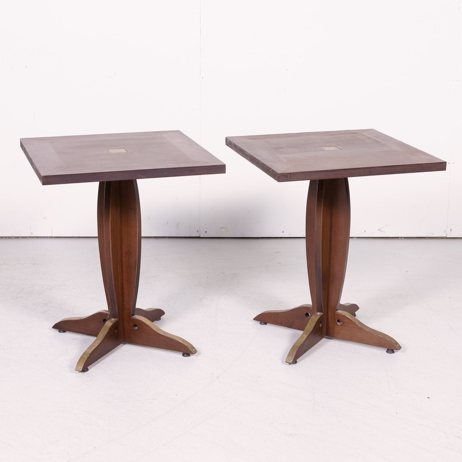 Pair of Solid Walnut and Brass French Art Deco Period Square Bistro Tables