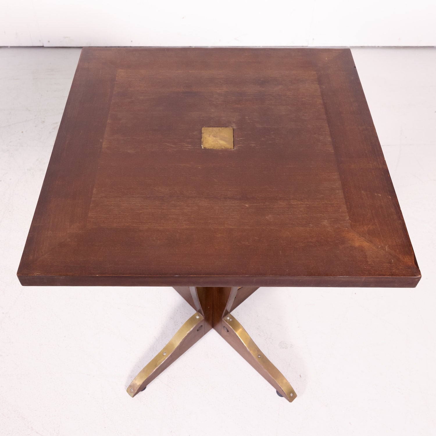 Pair of Solid Walnut and Brass French Art Deco Period Square Bistro Tables