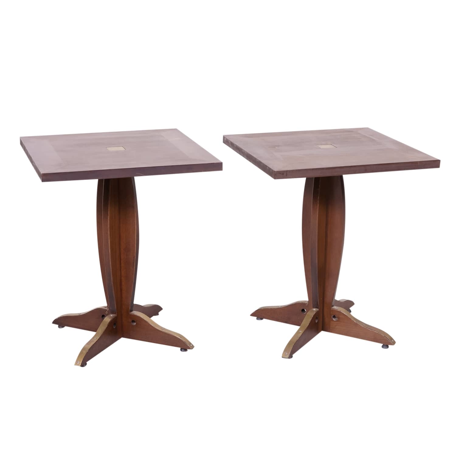Pair of Solid Walnut and Brass French Art Deco Period Square Bistro Tables