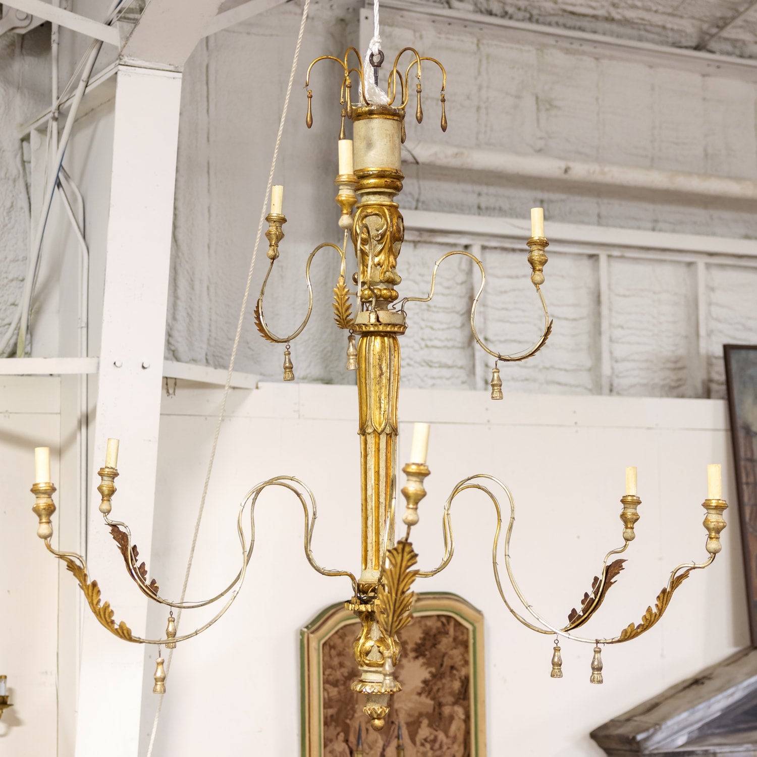Large 9-Light French Painted and Parcel Gilt Two-Tier Chandelier