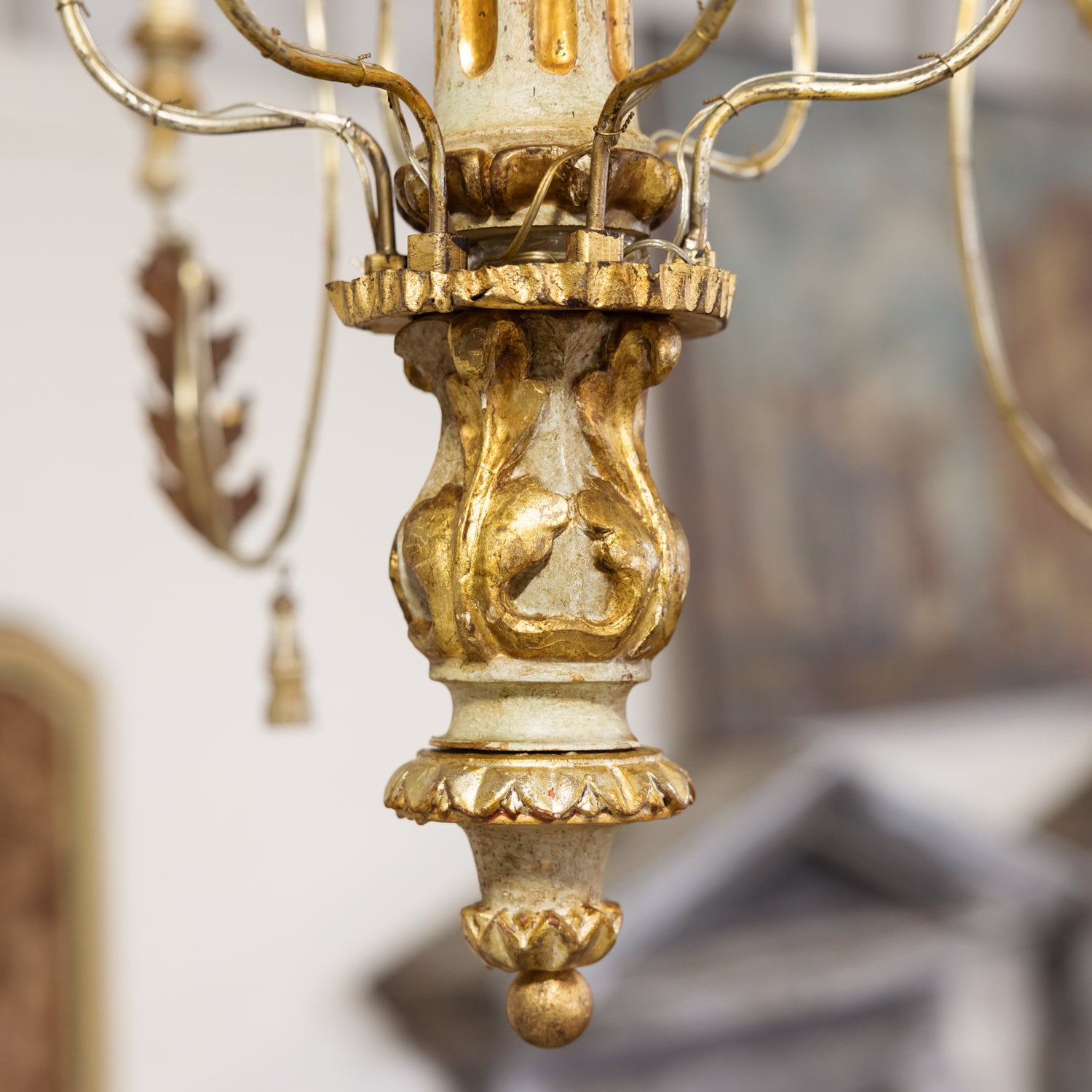 Large 9-Light French Painted and Parcel Gilt Two-Tier Chandelier