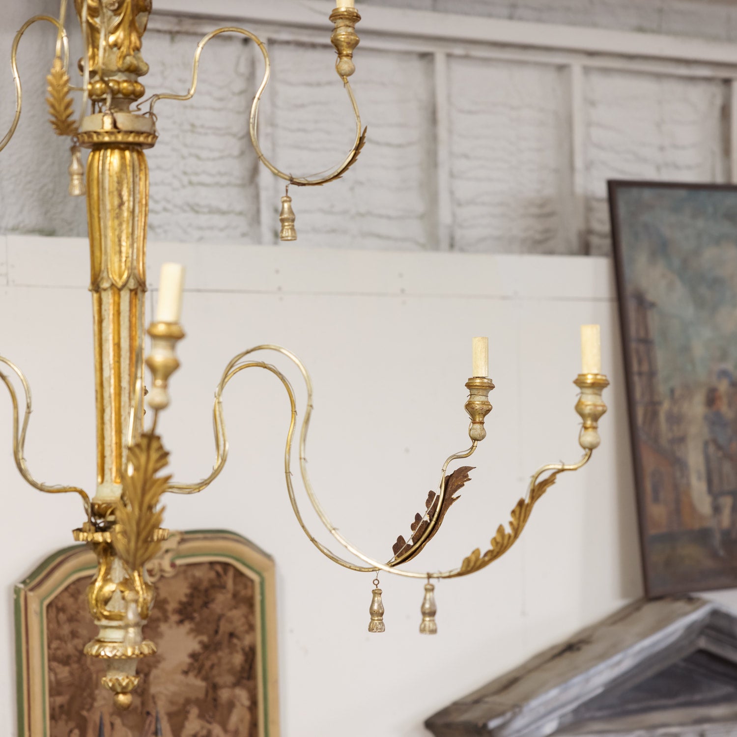 Large 9-Light French Painted and Parcel Gilt Two-Tier Chandelier