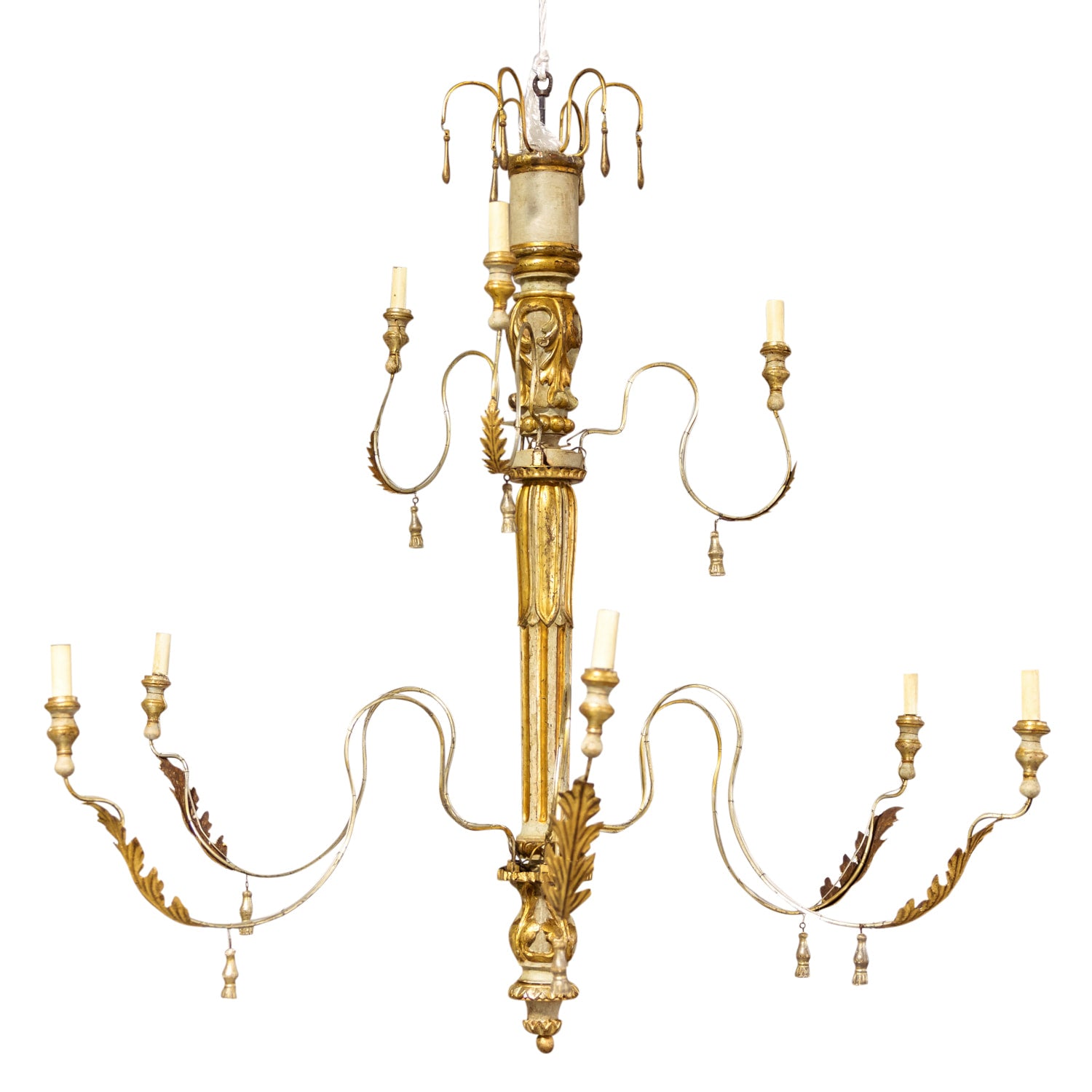 Large 9-Light French Painted and Parcel Gilt Two-Tier Chandelier