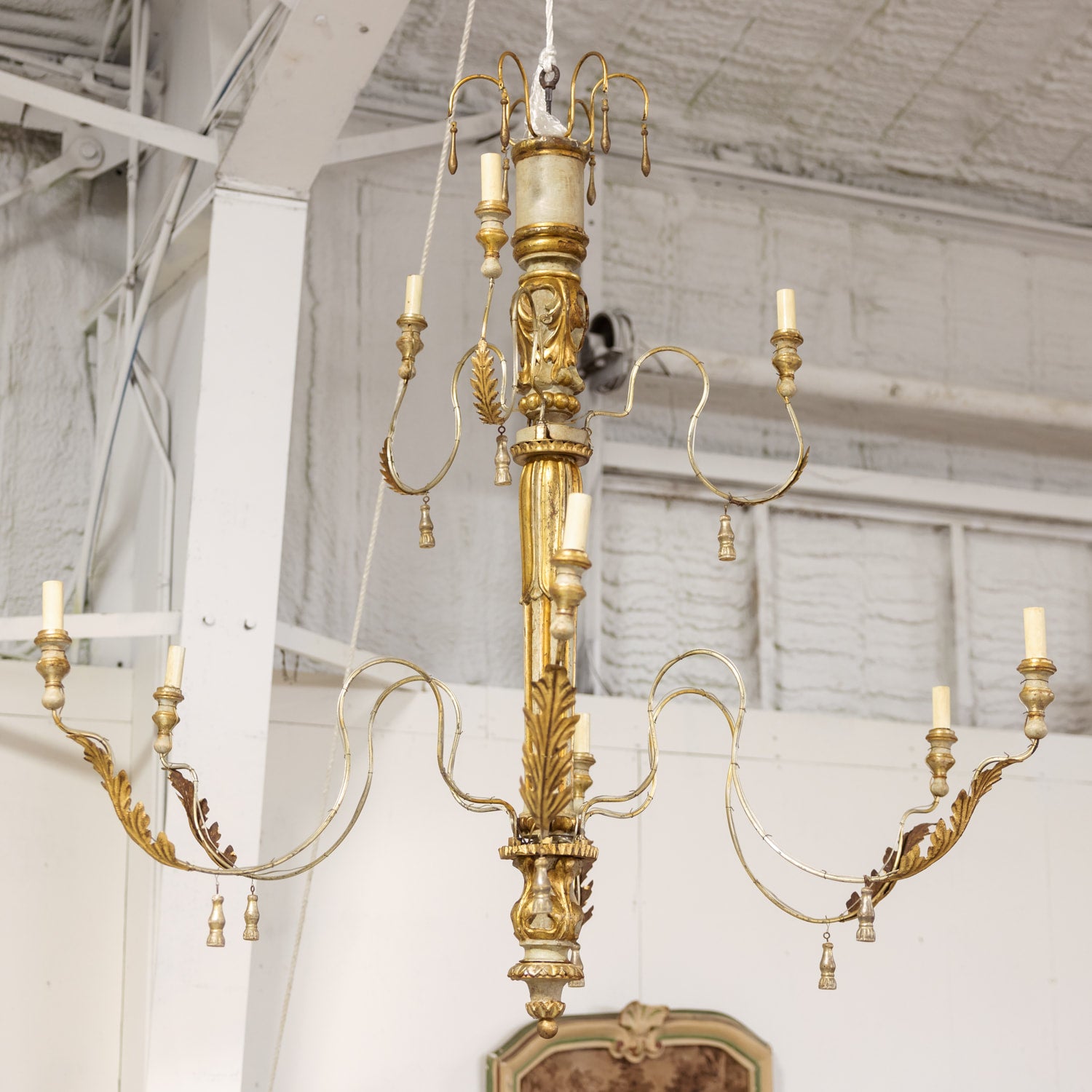 Large 9-Light French Painted and Parcel Gilt Two-Tier Chandelier