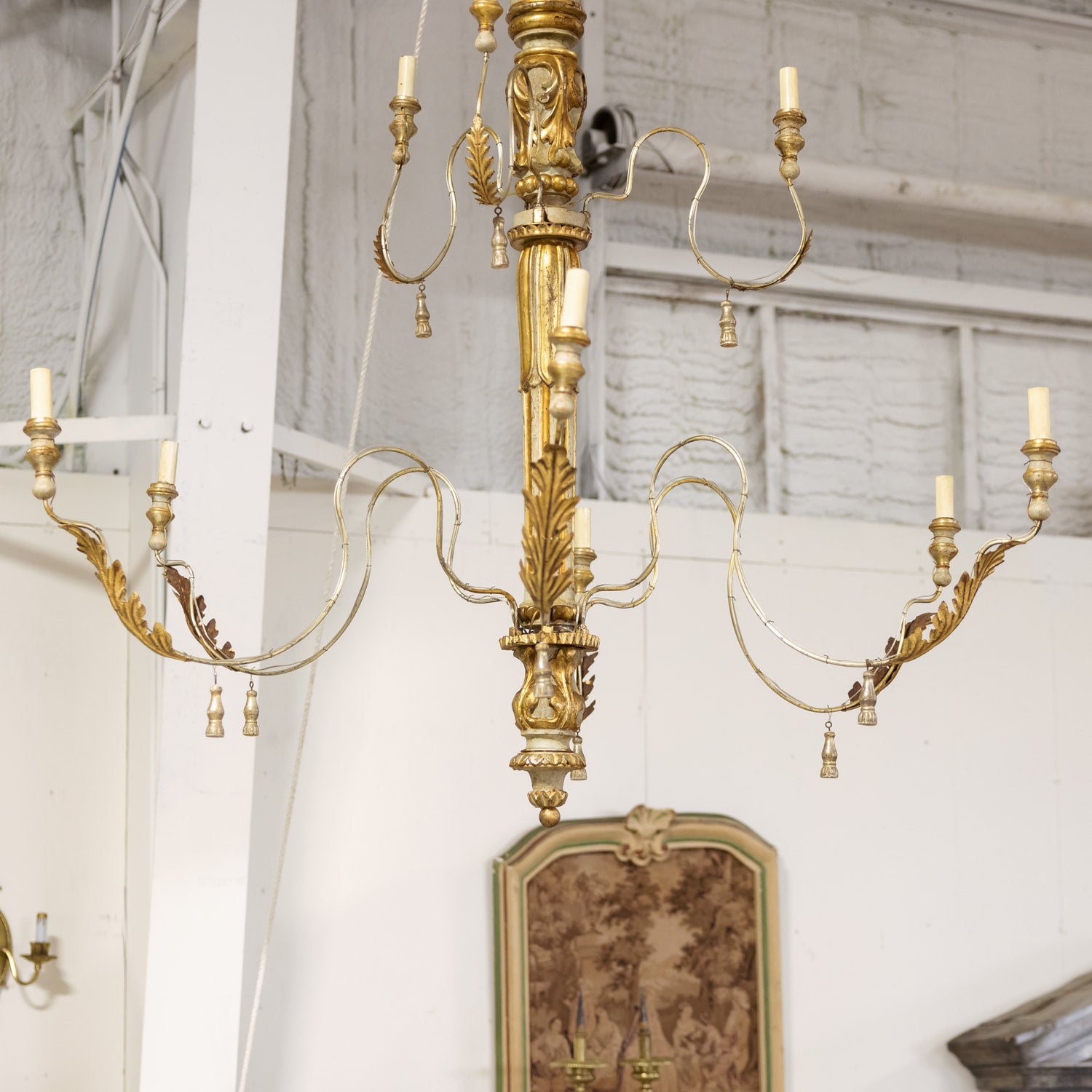 Large 9-Light French Painted and Parcel Gilt Two-Tier Chandelier