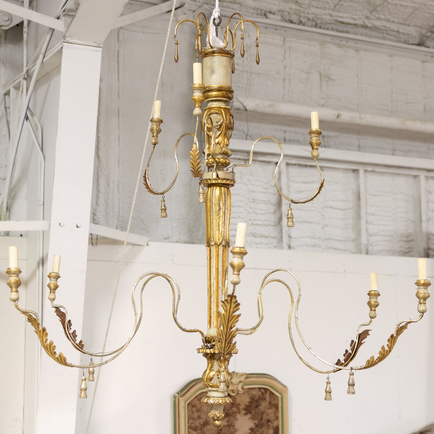 Large 9-Light French Painted and Parcel Gilt Two-Tier Chandelier