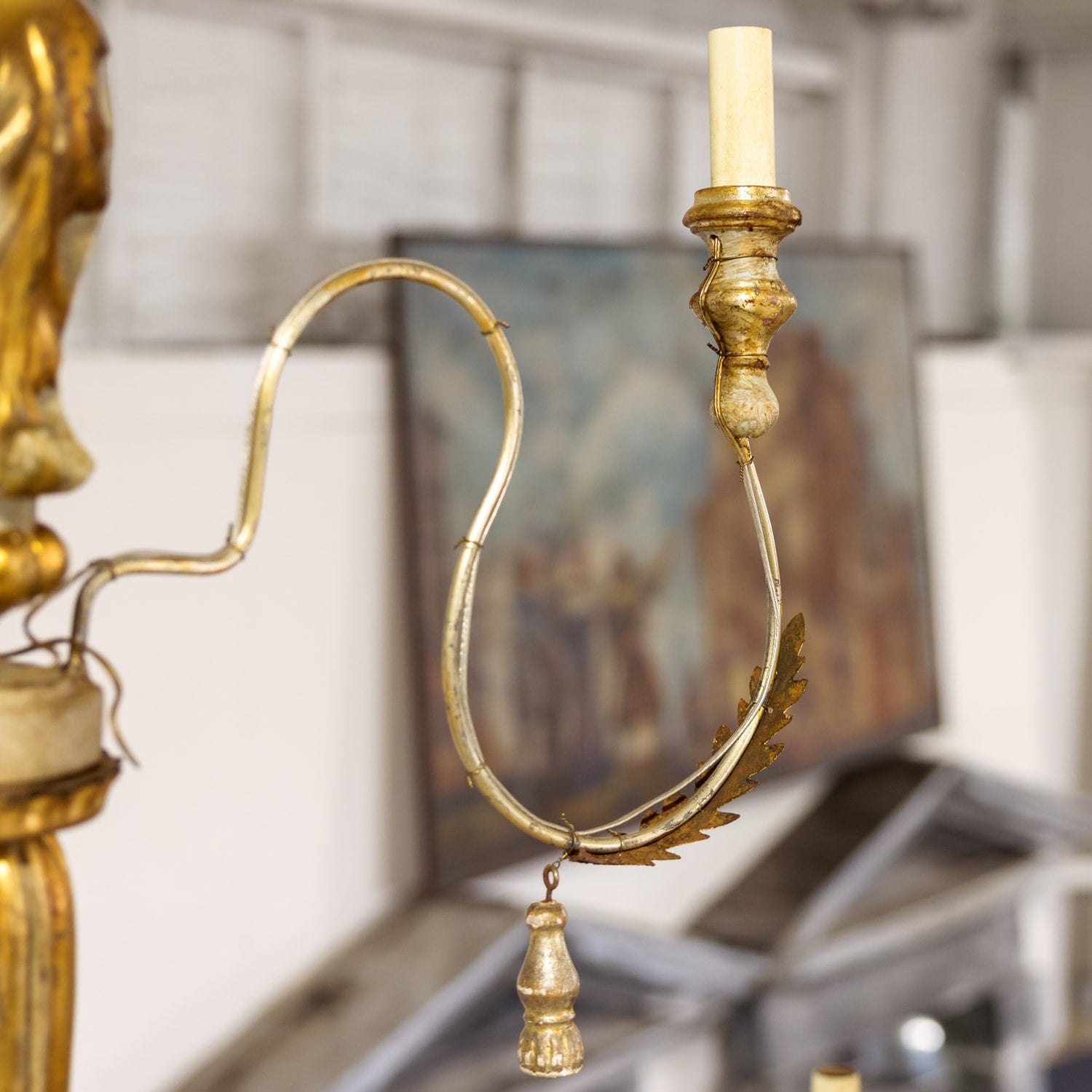 Large 9-Light French Painted and Parcel Gilt Two-Tier Chandelier