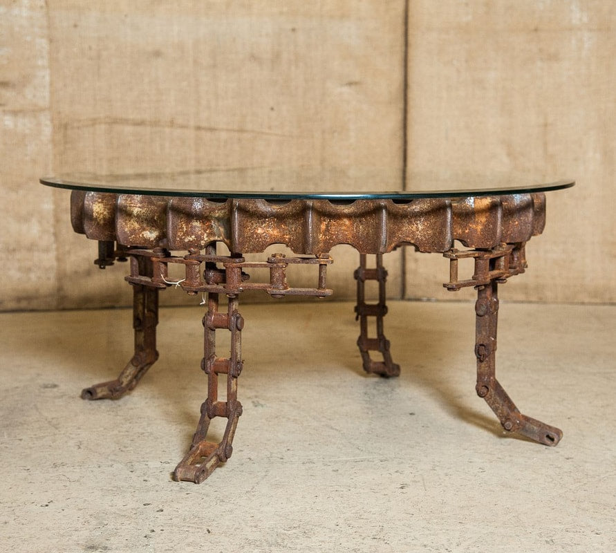 Round Vintage Gear Coffee Table with Glass Top