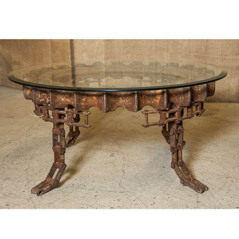 Round Vintage Gear Coffee Table with Glass Top