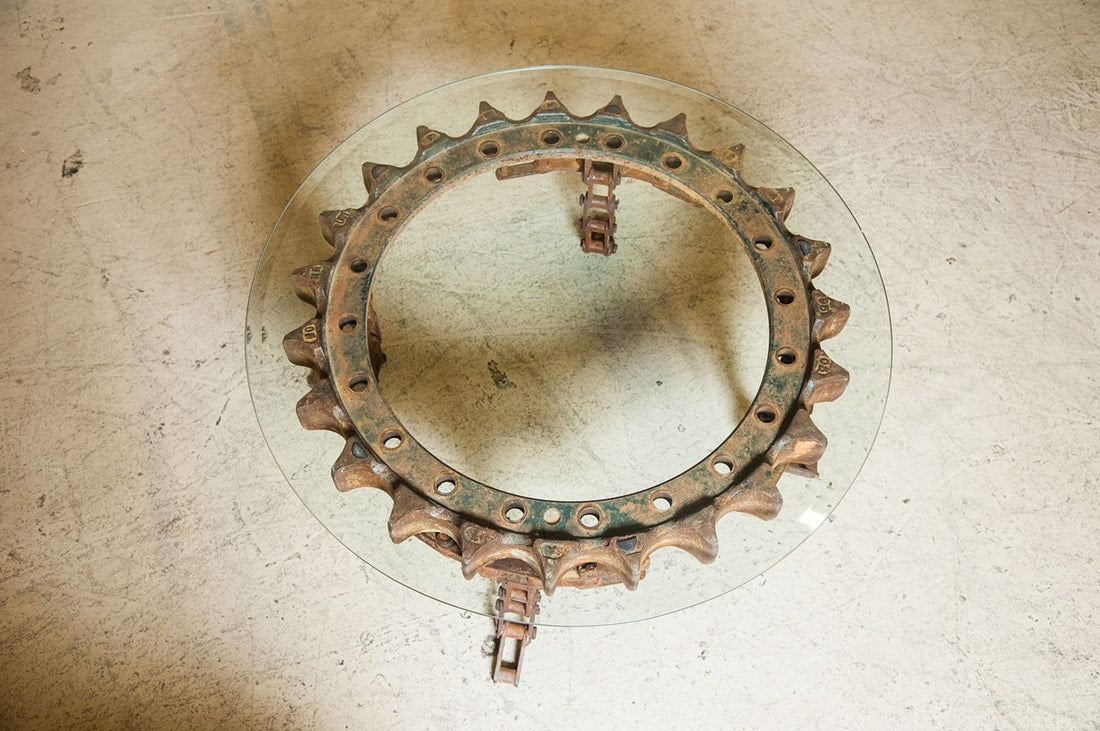 Round Vintage Gear Coffee Table with Glass Top