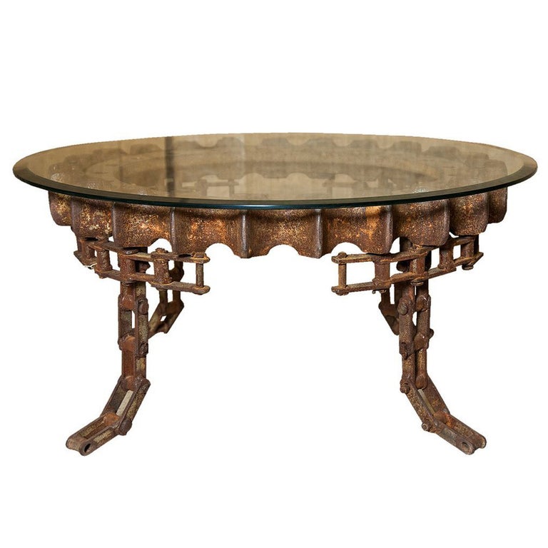 Round Vintage Gear Coffee Table with Glass Top