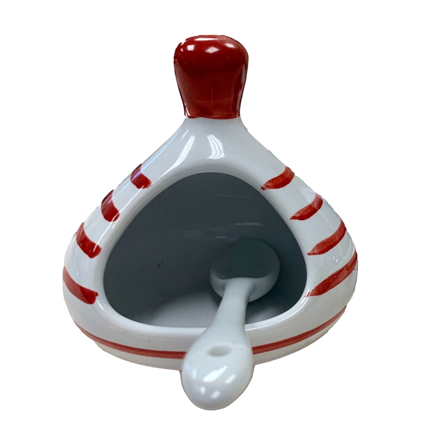 Red and White Striped Handmade French Ceramic Salt Cellar or Dish with Spoon