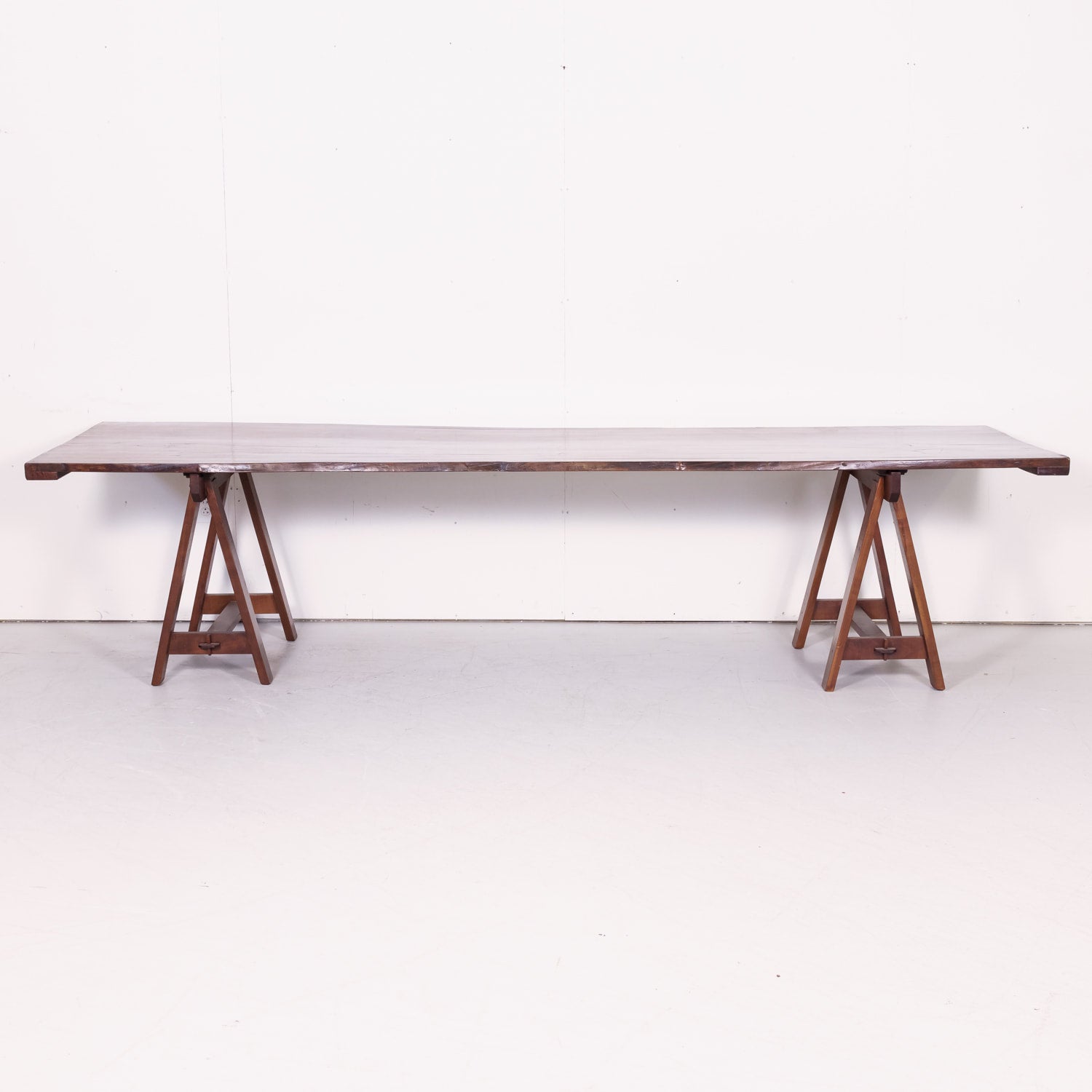 Impressive 19th Century French Reclaimed Cherrywood Live Edge Harvest Trestle Table