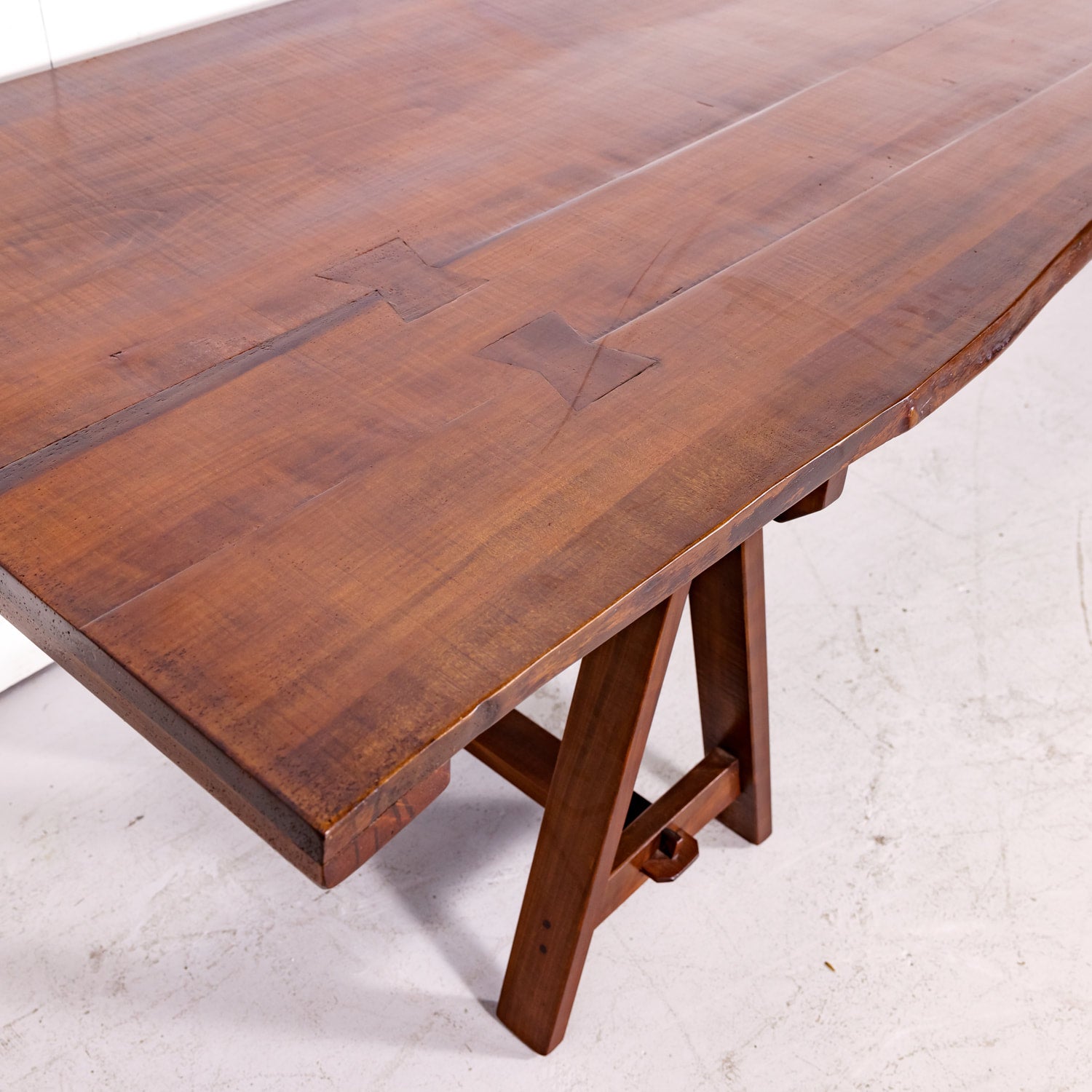 Impressive 19th Century French Reclaimed Cherrywood Live Edge Harvest Trestle Table