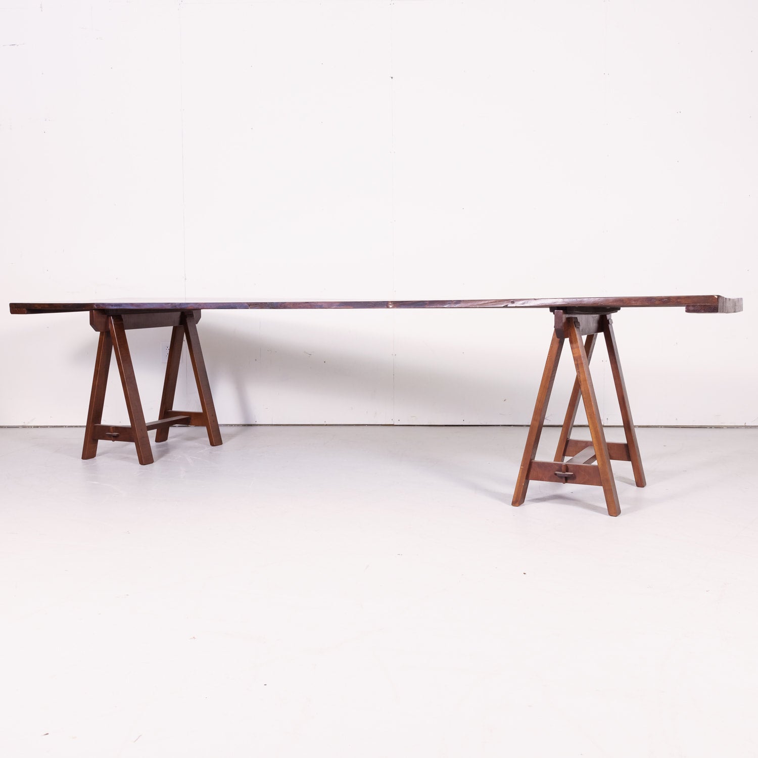 Impressive 19th Century French Reclaimed Cherrywood Live Edge Harvest Trestle Table