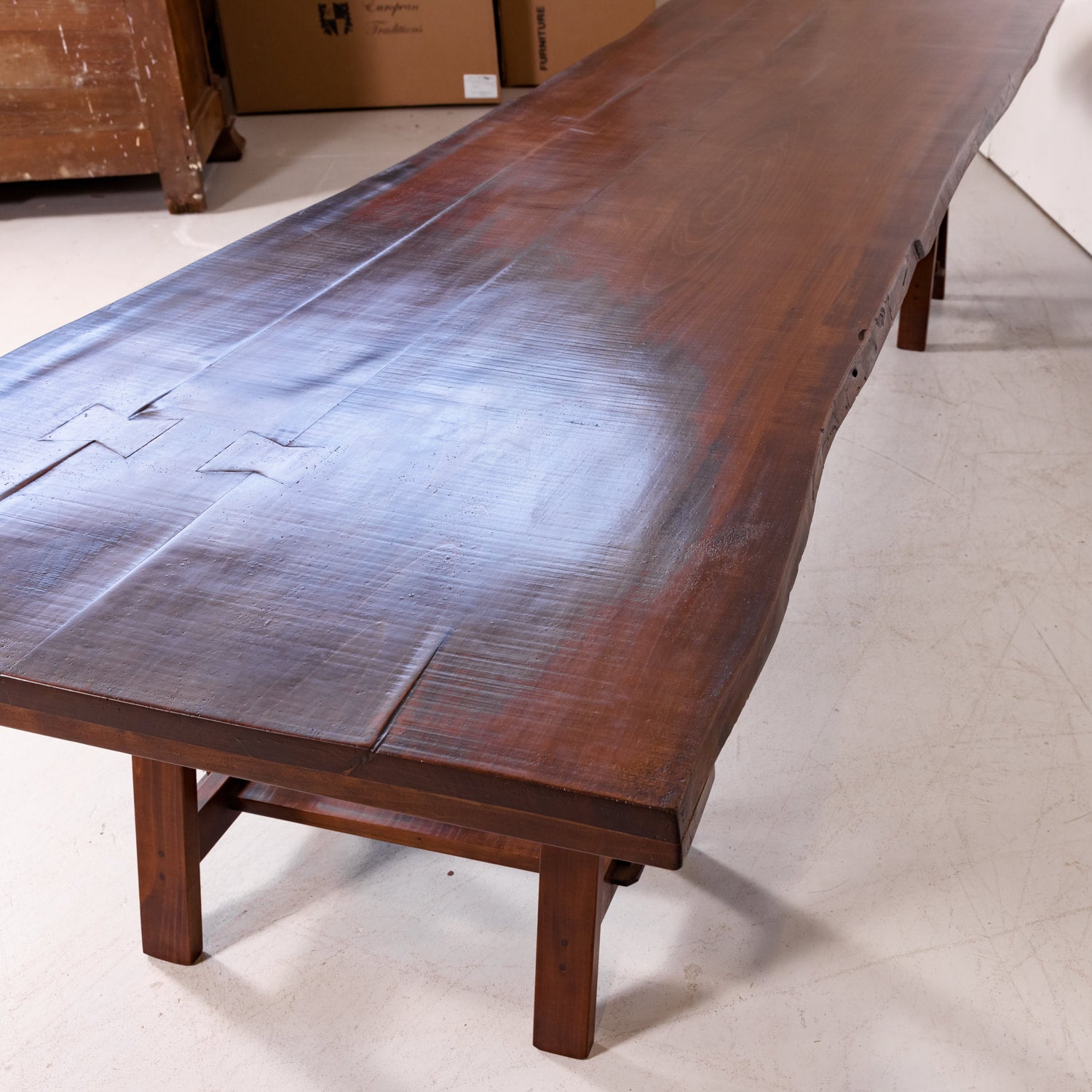 Impressive 19th Century French Reclaimed Cherrywood Live Edge Harvest Trestle Table