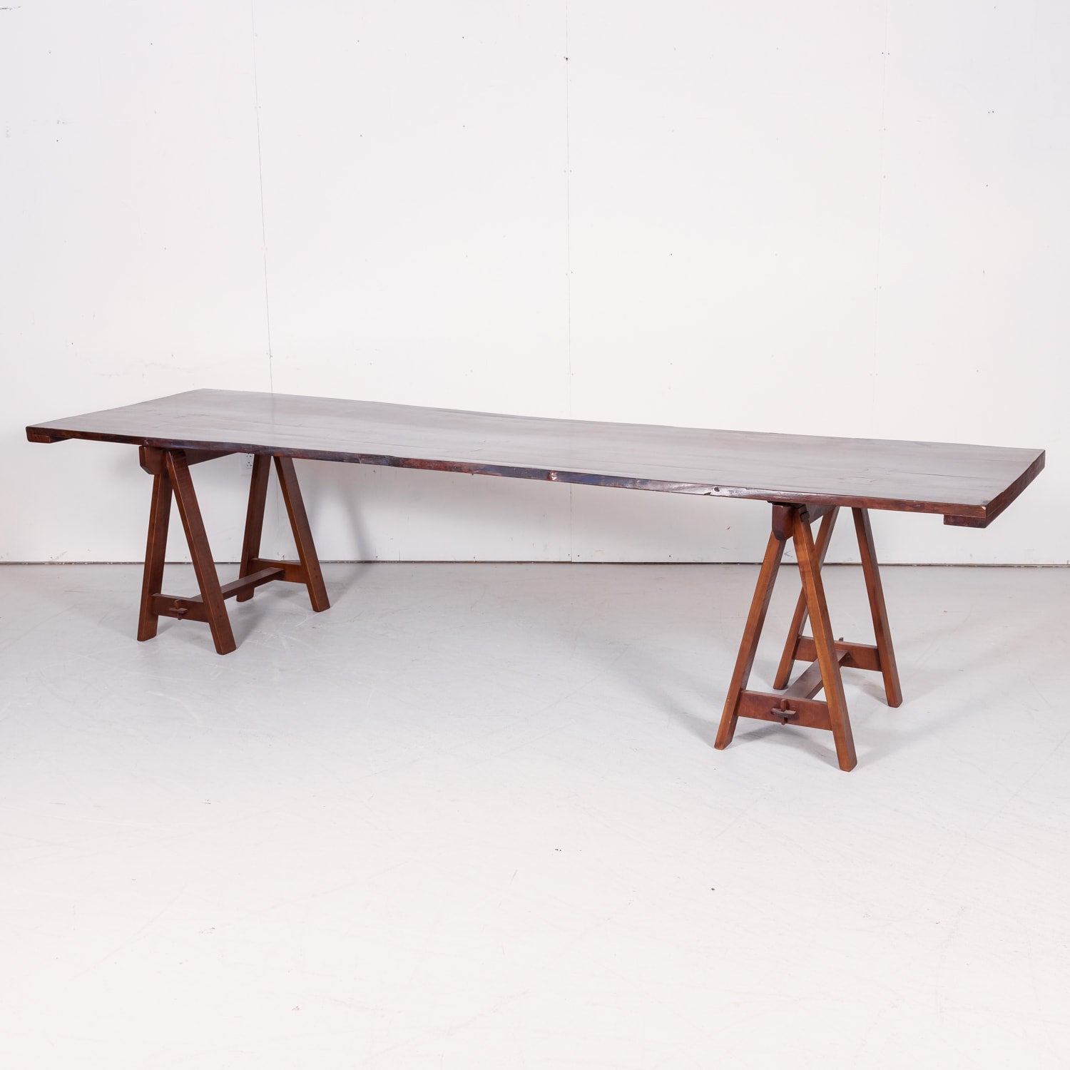 Impressive 19th Century French Reclaimed Cherrywood Live Edge Harvest Trestle Table