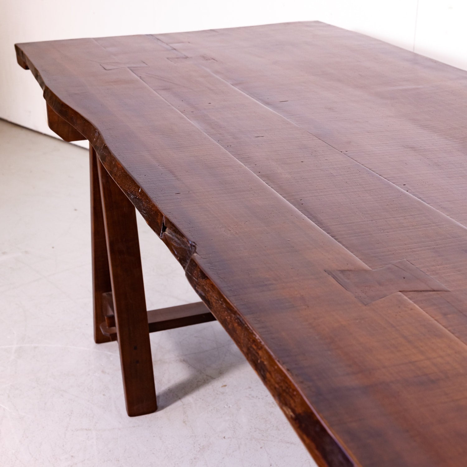 Impressive 19th Century French Reclaimed Cherrywood Live Edge Harvest Trestle Table