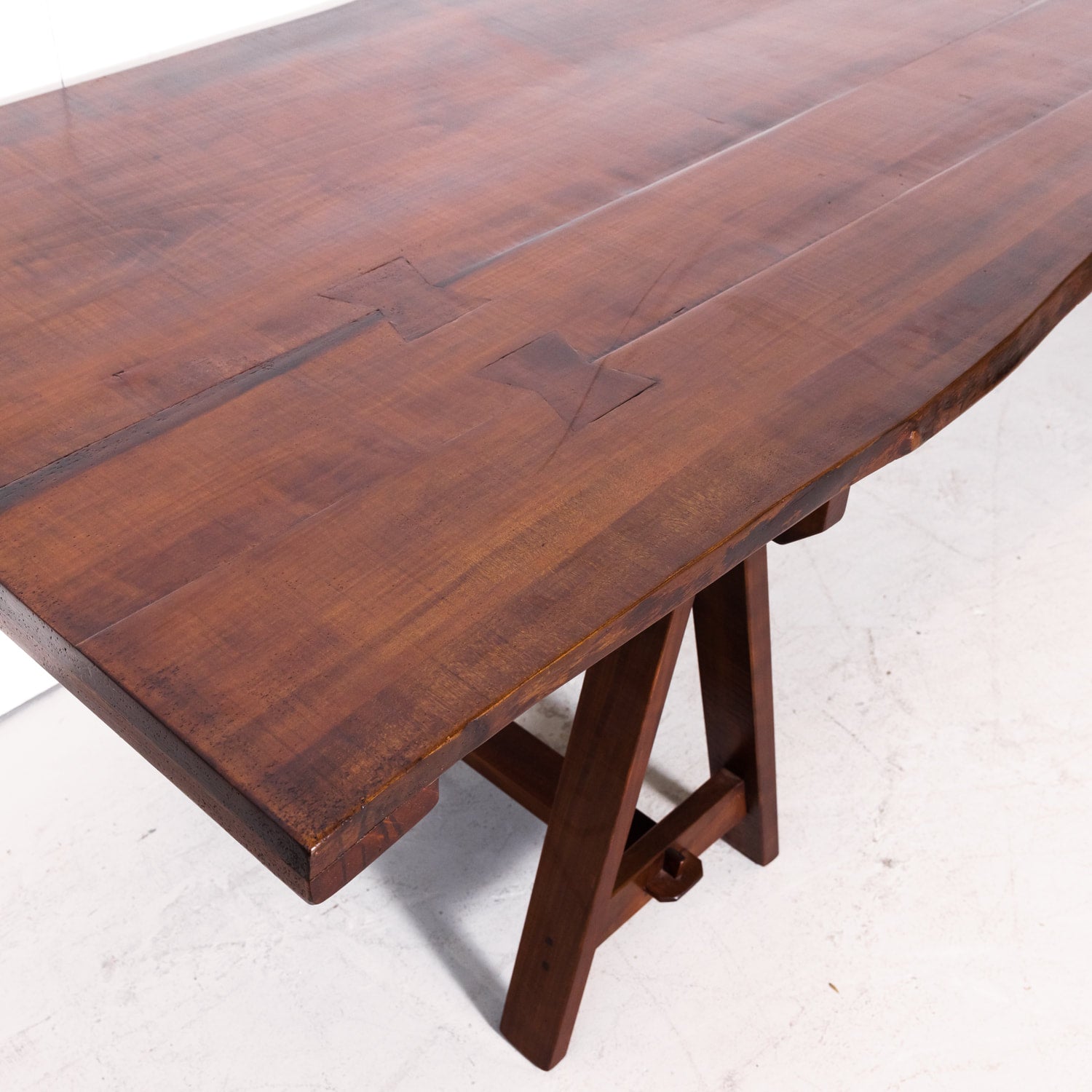 Impressive 19th Century French Reclaimed Cherrywood Live Edge Harvest Trestle Table